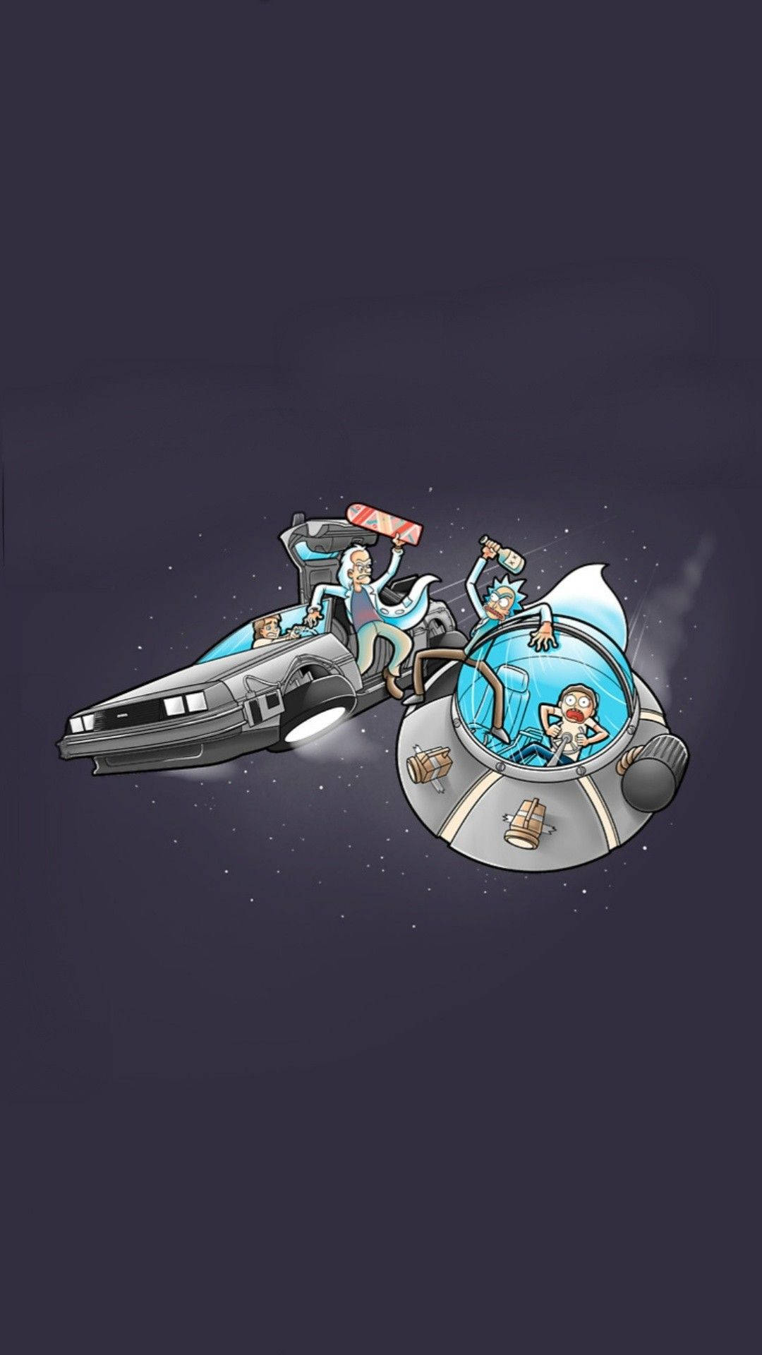 Future 桌布 壁紙 — 瑞克和莫蒂在太空船和DeLorean中飛過星空，手中拿著飲料。