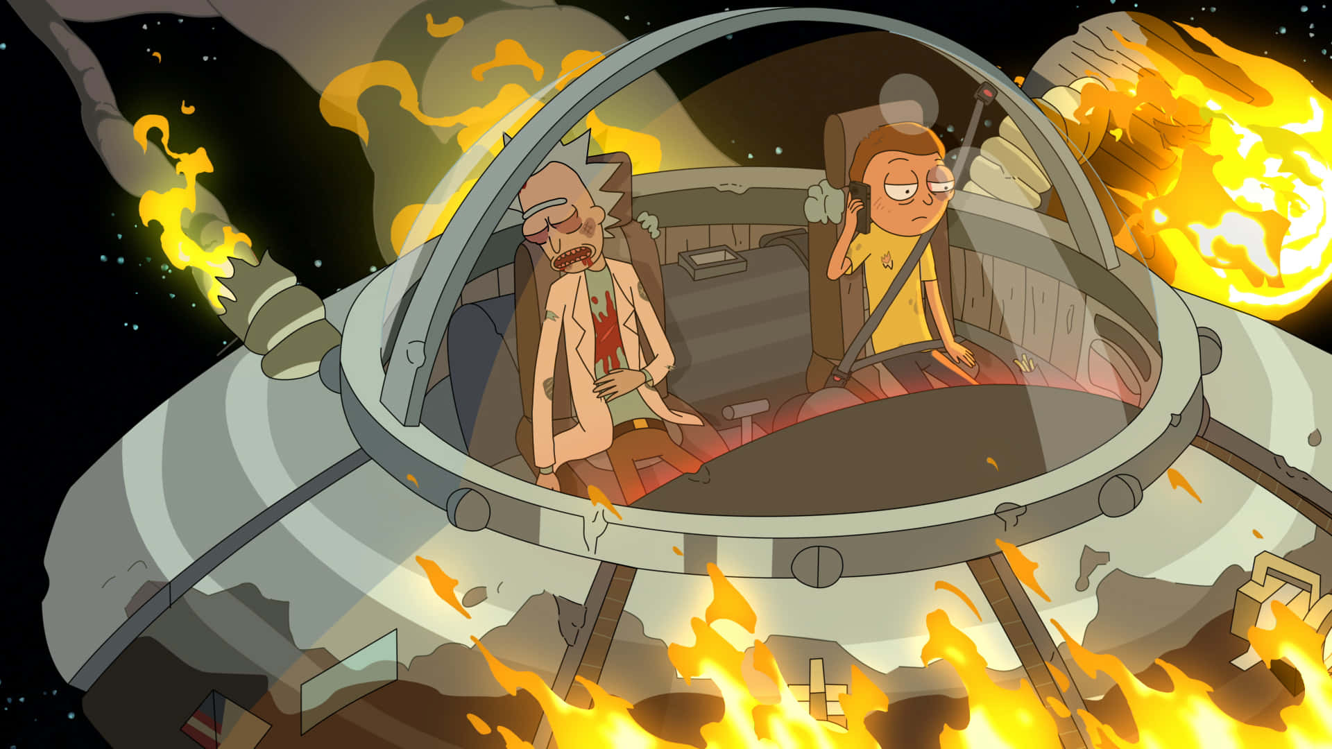 Rick And Morty 1920x1080 桌布 壁紙 — 瑞克和莫蒂在太空船駕駛艙內，周圍是熾熱的爆炸，背景是星空。