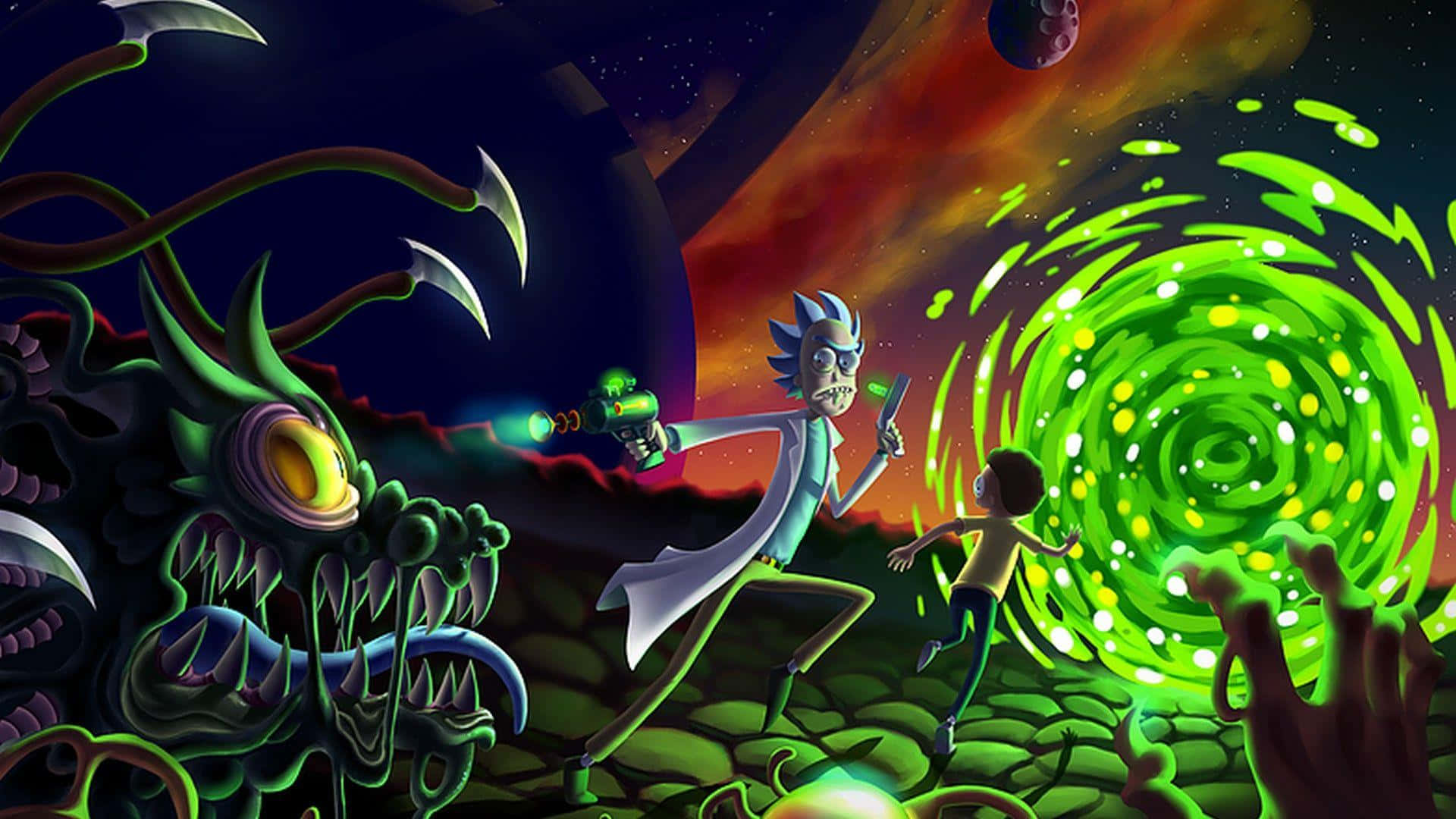 Rick And Morty 1920x1080 桌布 壁紙 — 瑞克和莫蒂在宇宙噩夢中逃離一個發光的綠色傳送門，同時躲避一個怪異的外星人。