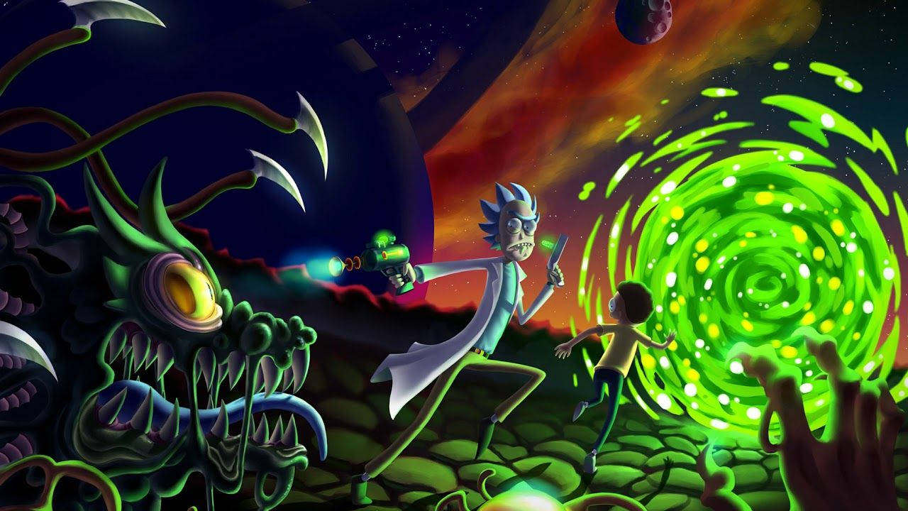 rick 桌布 壁紙 — 瑞克和莫蒂在宇宙外星景觀中狂奔，躲避一隻怪物和一個旋轉的綠色傳送門。