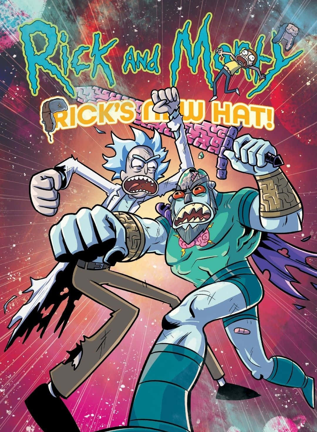 The Council Of Ricks 桌布 壁紙 — 瑞克和莫蒂在宇宙爆炸中打鬥，瑞克揮舞著劍，莫蒂緊抓著帽子。