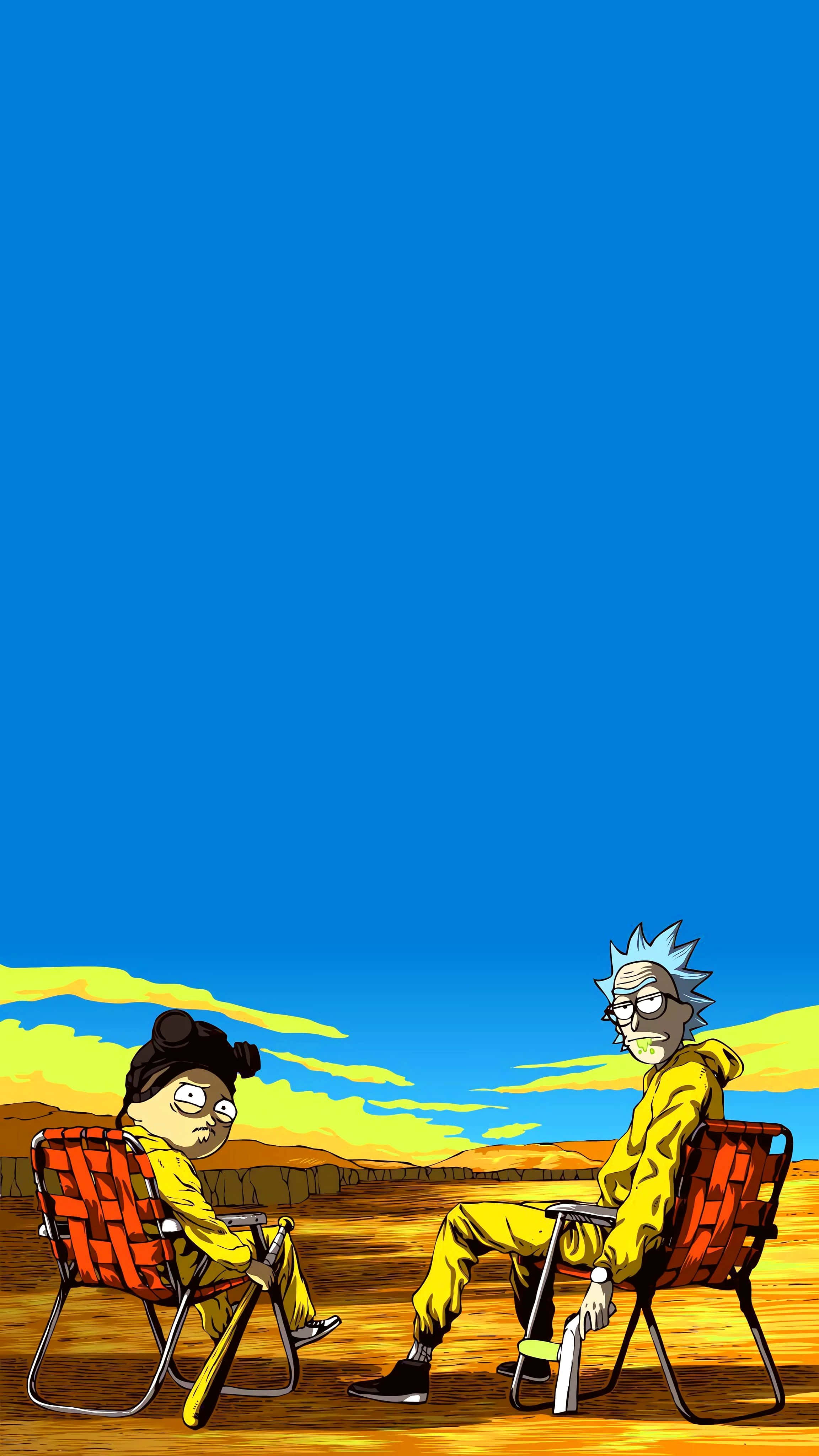 Wubba Lubba Dub Dub 桌布 壁紙 — 瑞克和莫蒂在沙漠中面對面坐在折疊椅上，廣闊的藍天下有黃色的雲。