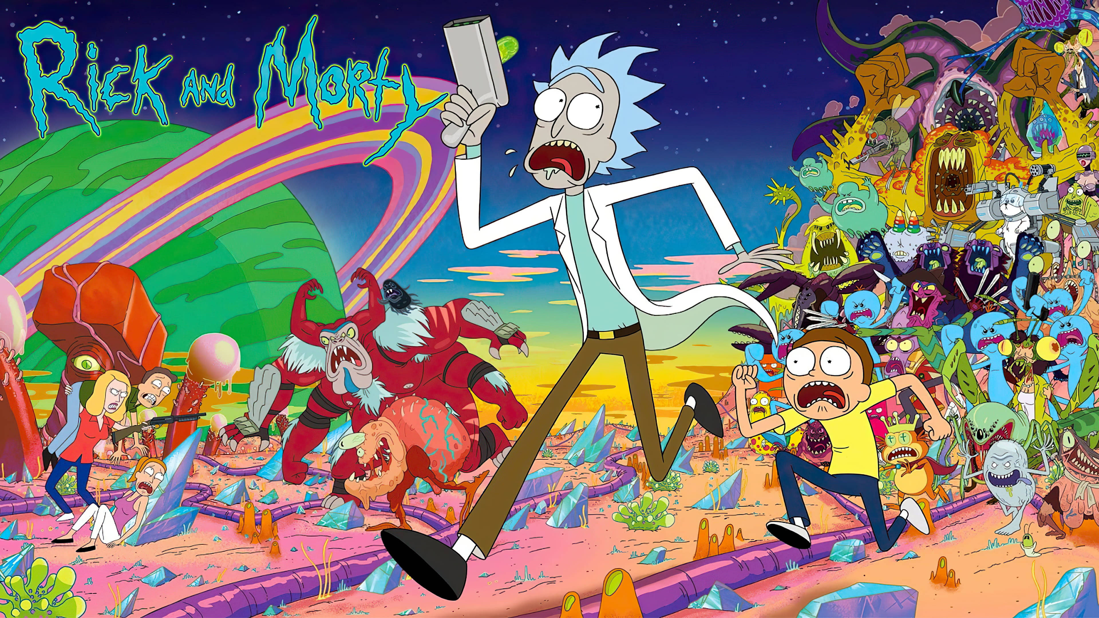 rick 桌布 壁紙 — 瑞克和莫蒂在混亂的外星景觀中狂奔，充滿了怪異的生物和迷幻色彩，頭頂是旋轉的宇宙天空。
