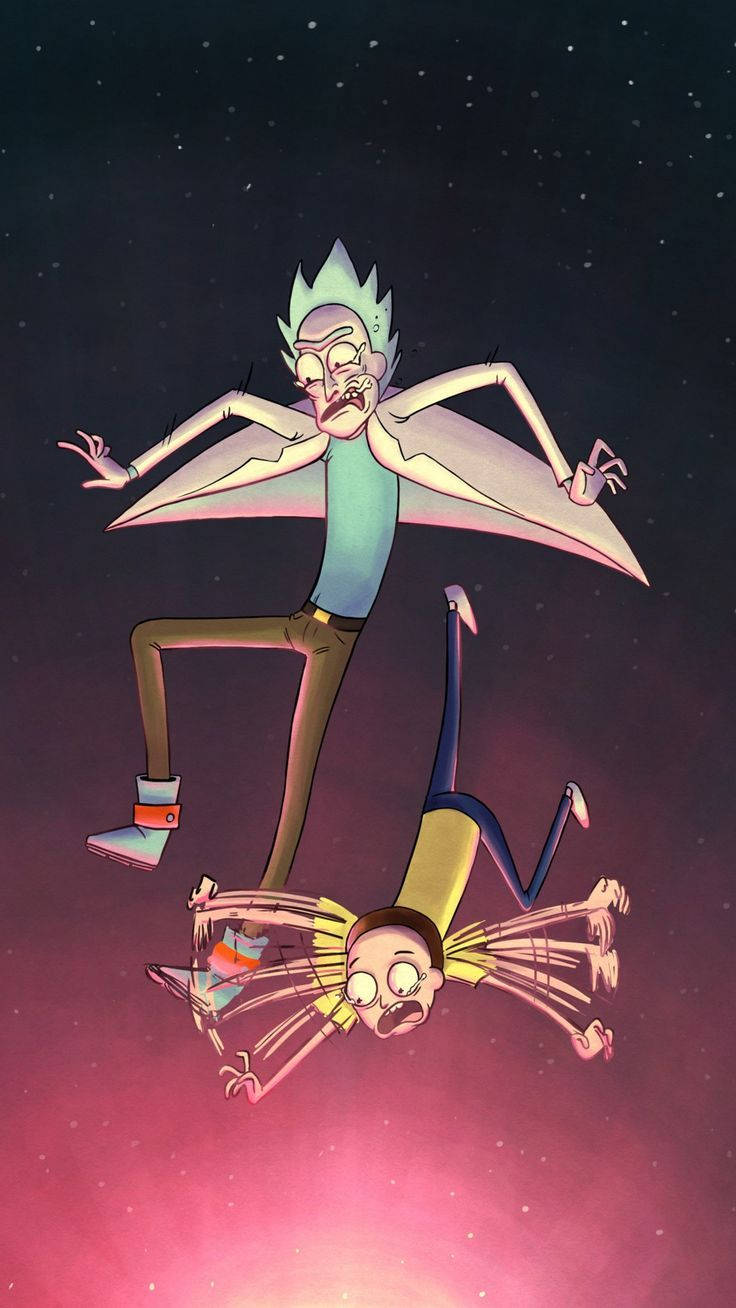 rick 桌布 壁紙 — 瑞克和莫蒂在滿天星斗的宇宙虛空中倒立漂浮，瑞克雙臂伸展，莫蒂懸掛在下方。