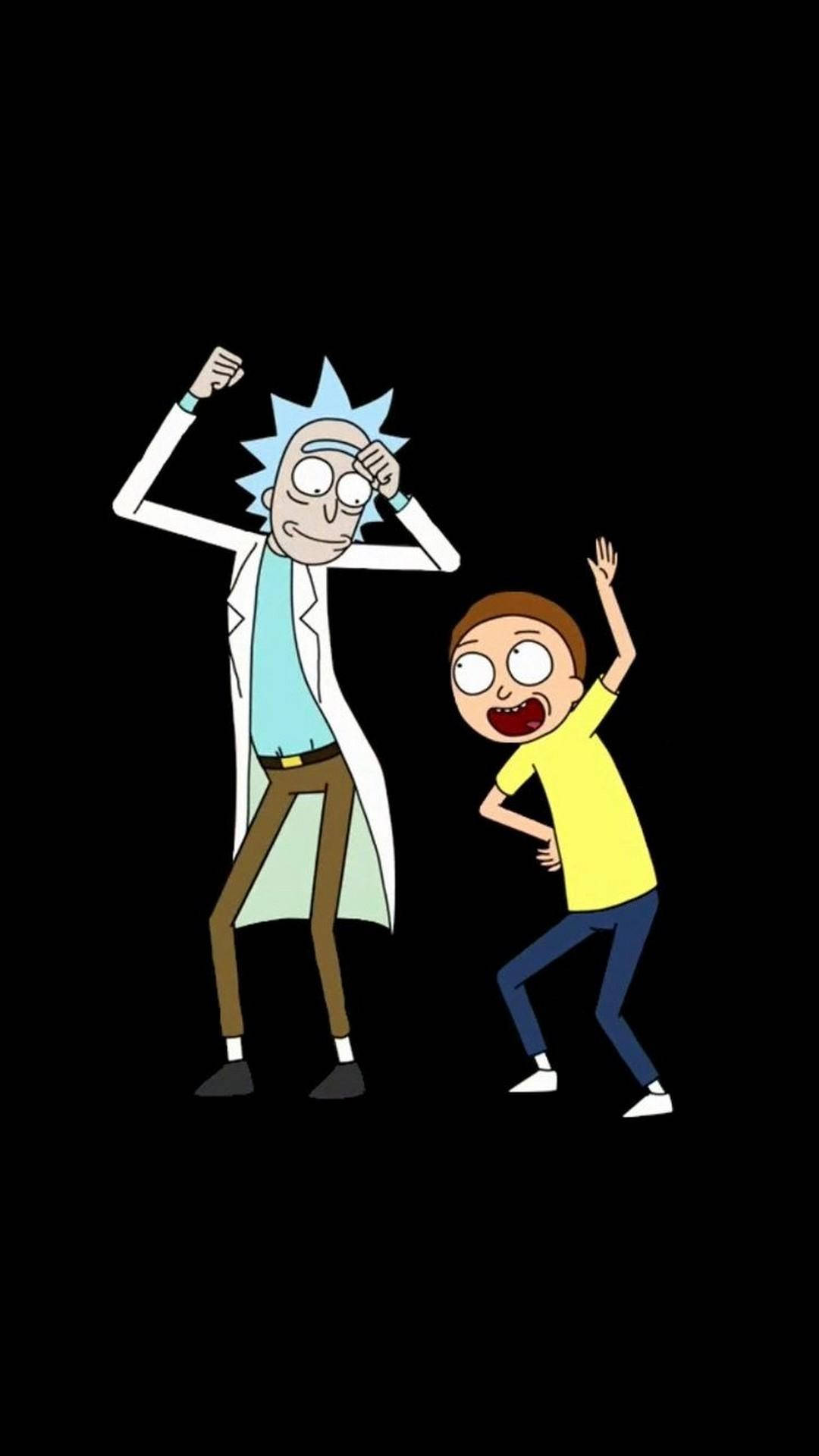 rick 桌布 壁紙 — 瑞克和莫蒂在純黑色背景上以他們標誌性的卡通風格充滿活力地跳舞。