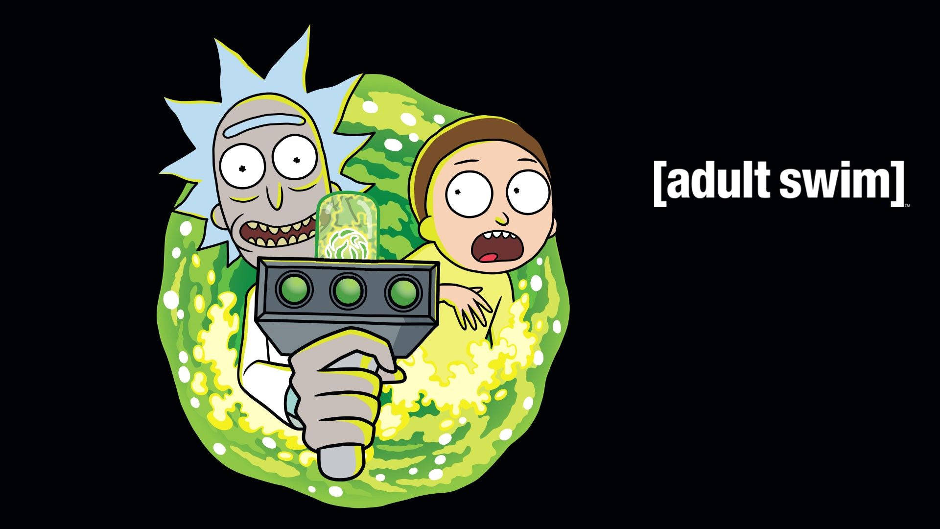 Rick And Morty Weed 桌布 壁紙 — 瑞克和莫蒂在綠色傳送門中，手持一個發光眼睛的裝置，背景為黑色。
