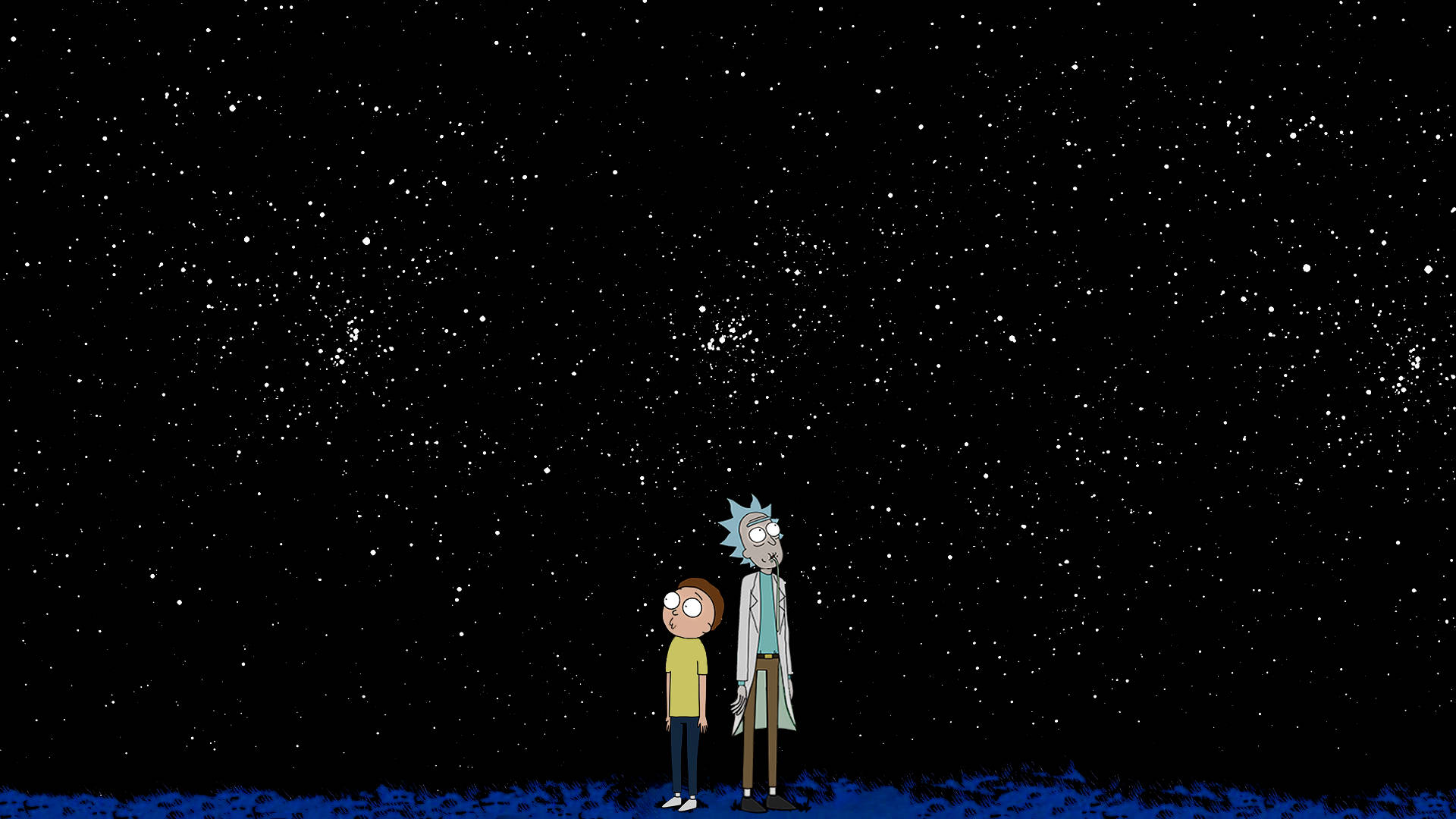 rick 桌布 壁紙 — 瑞克和莫蒂在藍色行星表面，相對於廣闊的星空夜空顯得很渺小。