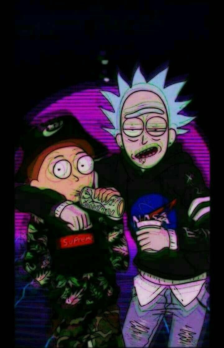 rick 桌布 壁紙 — 瑞克和莫蒂在霓虹燈夜晚場景中喝汽水，背景是發光的紫色。