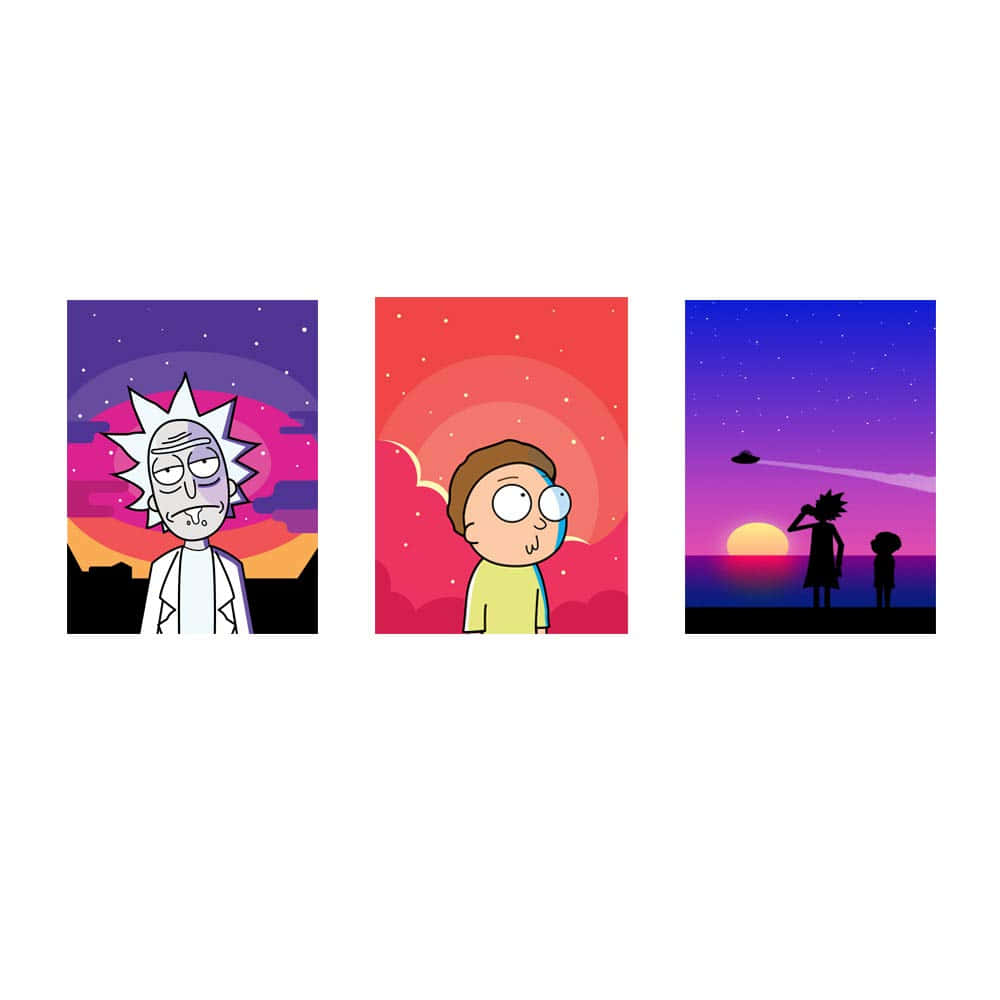 Rick And Morty Macbook 桌布 壁紙 — 瑞克和莫蒂在風格化的動畫面板中，面對著充滿活力的宇宙日落、UFO和星空。