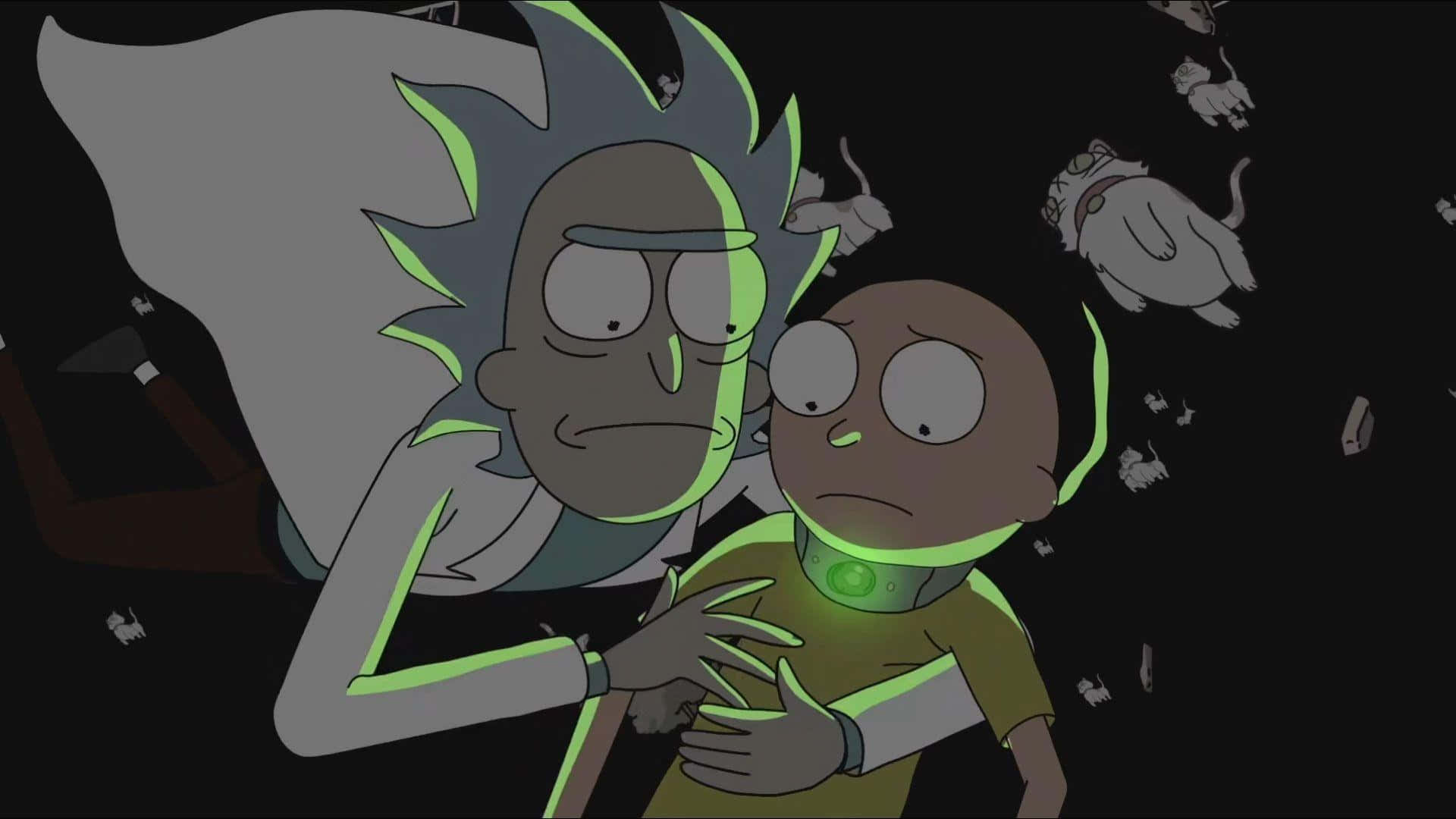 Rick And Morty Backwoods 桌布 壁紙 — 瑞克和莫蒂在黑暗中漂浮，帶有發光的綠色輪廓，漂浮的貓咪在他們周圍飄蕩。