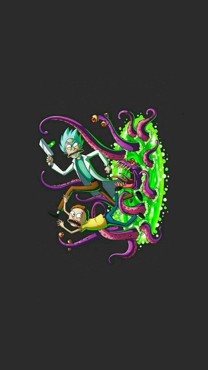 rick 桌布 壁紙 — 瑞克和莫蒂在黑暗背景下與一隻帶有發光綠色粘液的怪物紫色章魚戰鬥。