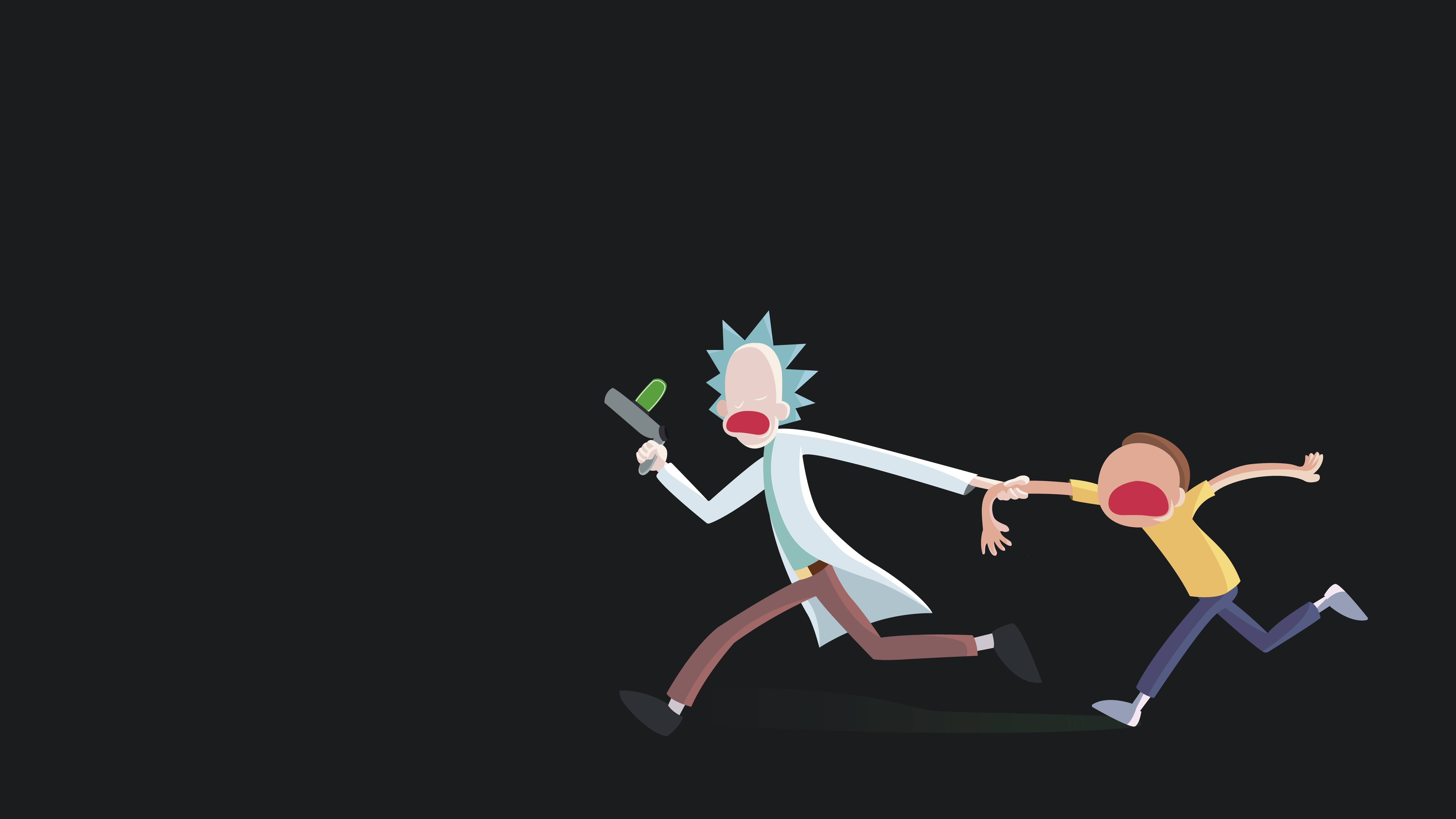 rick 桌布 壁紙 — 瑞克和莫蒂在黑色背景上狂奔，瑞克拿著槍，莫蒂驚慌尖叫。