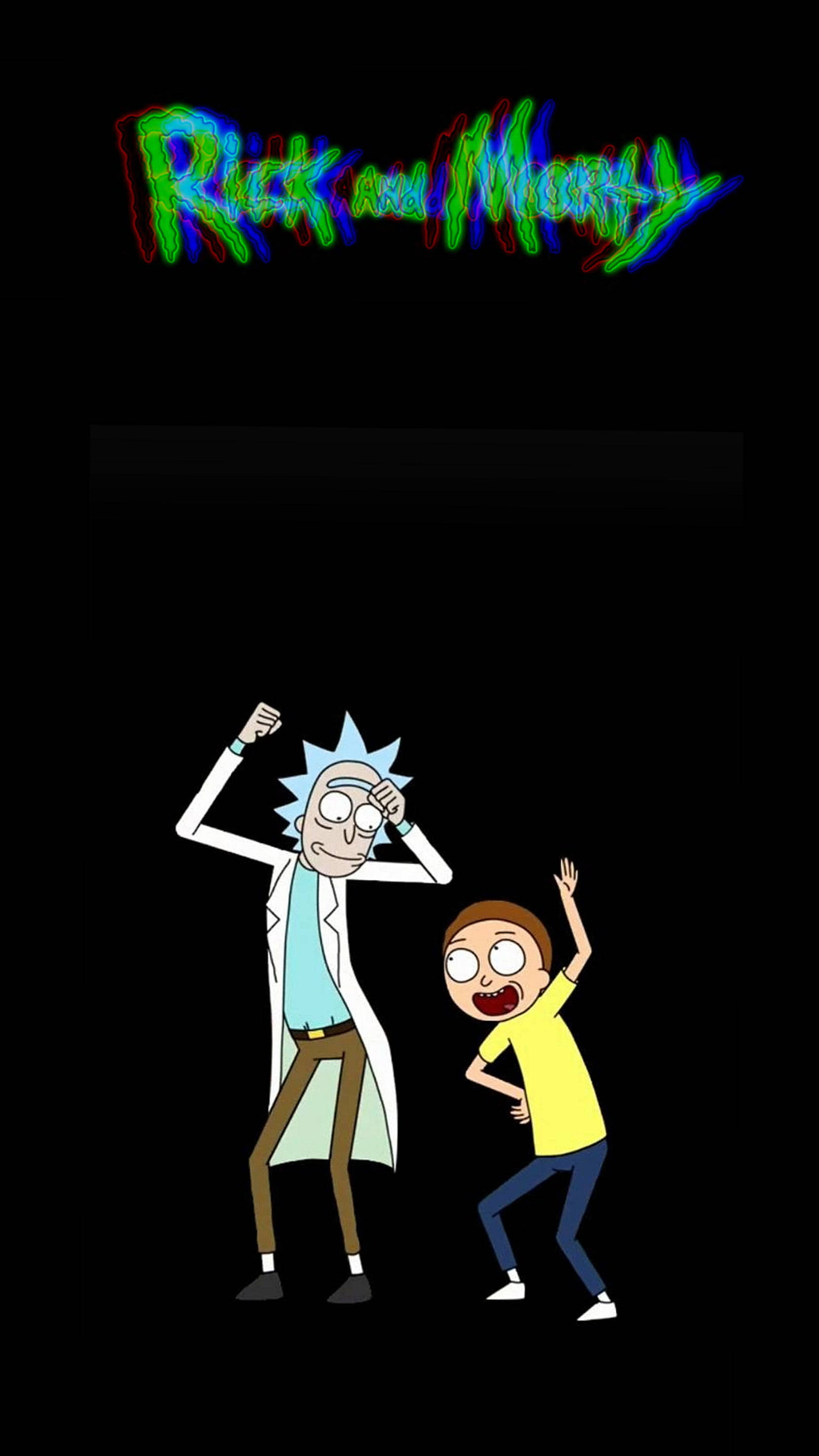 rick 桌布 壁紙 — 瑞克和莫蒂在黑色背景上發光的霓虹標題下充滿活力地跳舞。