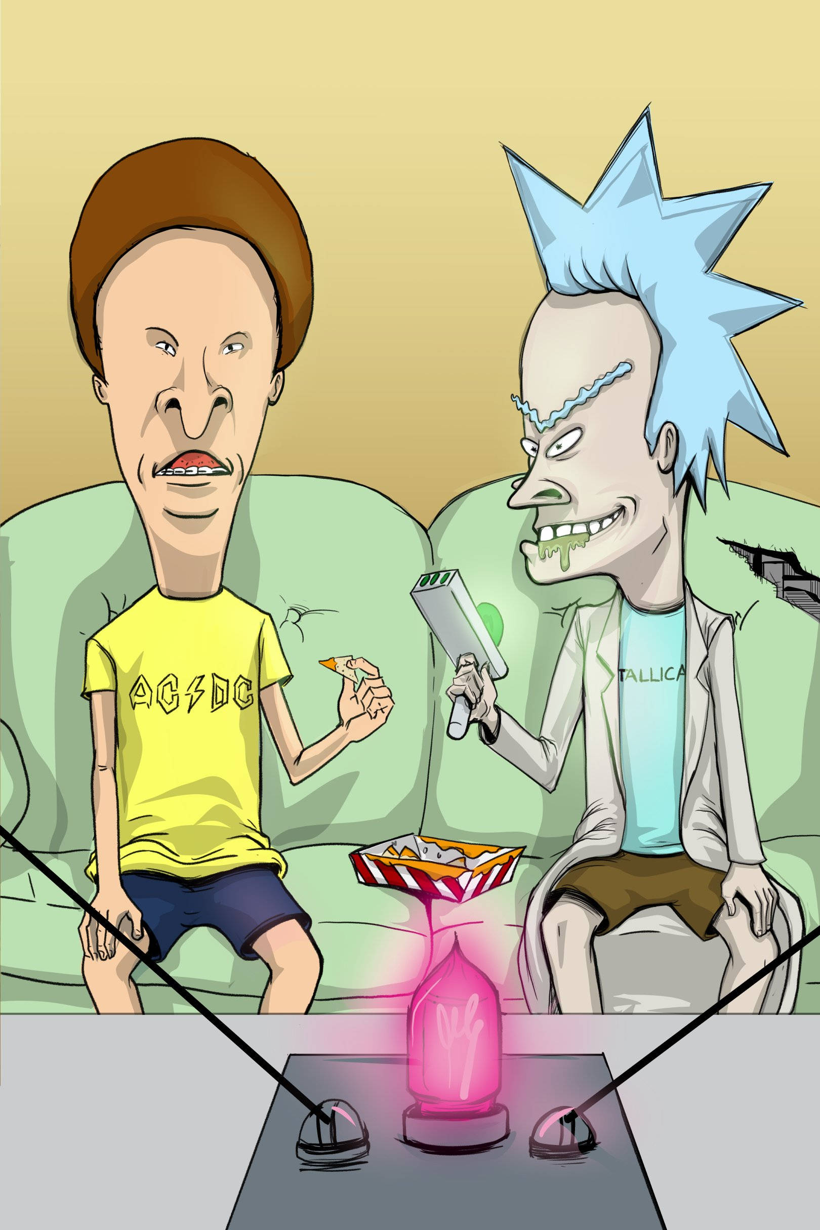 Beavis 桌布 壁紙 — 瑞克和莫蒂坐在一張破舊的綠色沙發上，他們之間的桌子上有一個發光的粉紅色裝置。