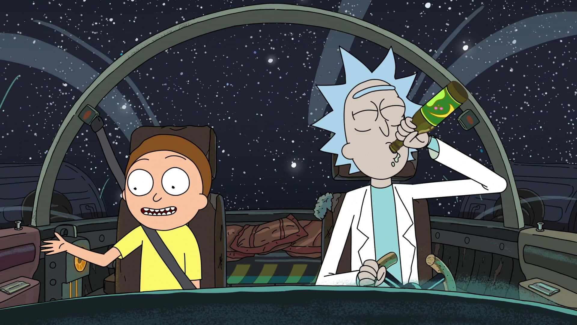 Rick And Morty Macbook 桌布 壁紙 — 瑞克和莫蒂坐在太空船駕駛艙內，外面可見星星，瑞克正在喝一個綠色瓶子。
