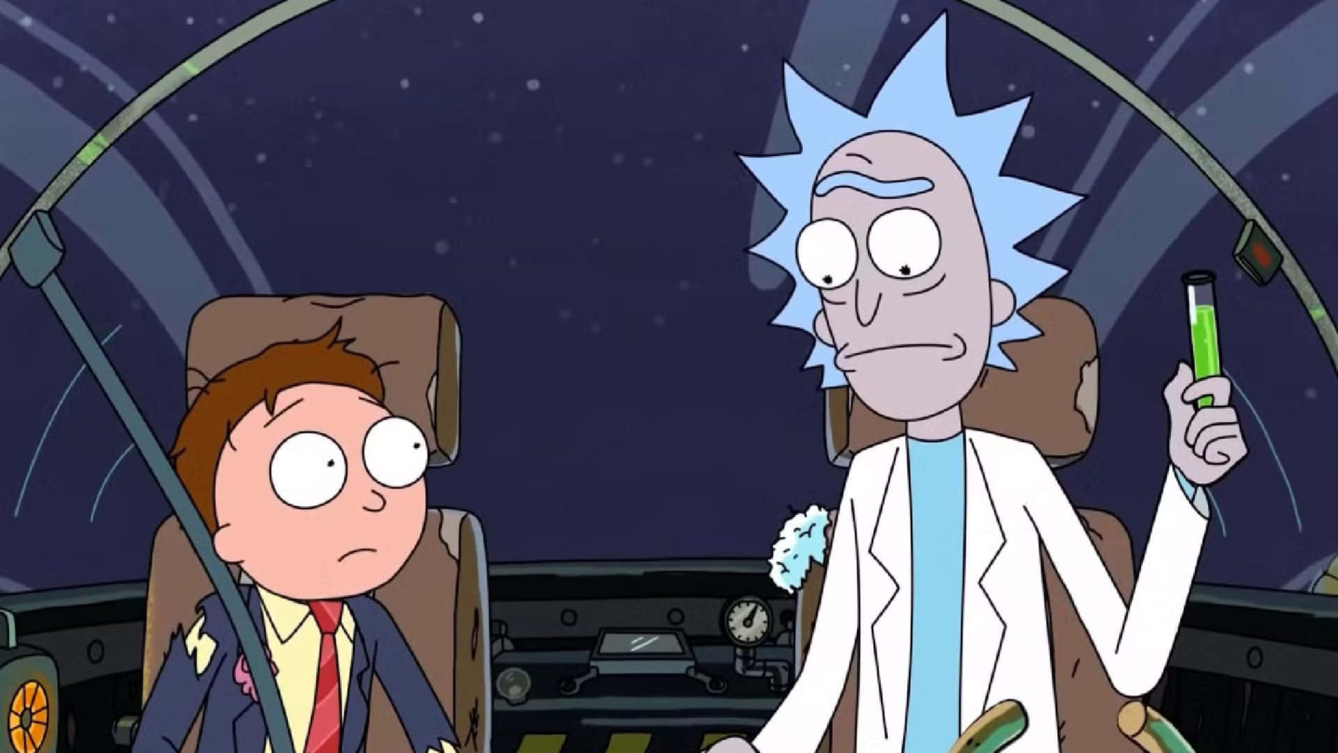 Rick And Morty 1920x1080 桌布 壁紙 — 瑞克和莫蒂坐在太空船駕駛艙內，外面可見星星，瑞克手持發光綠色試管。