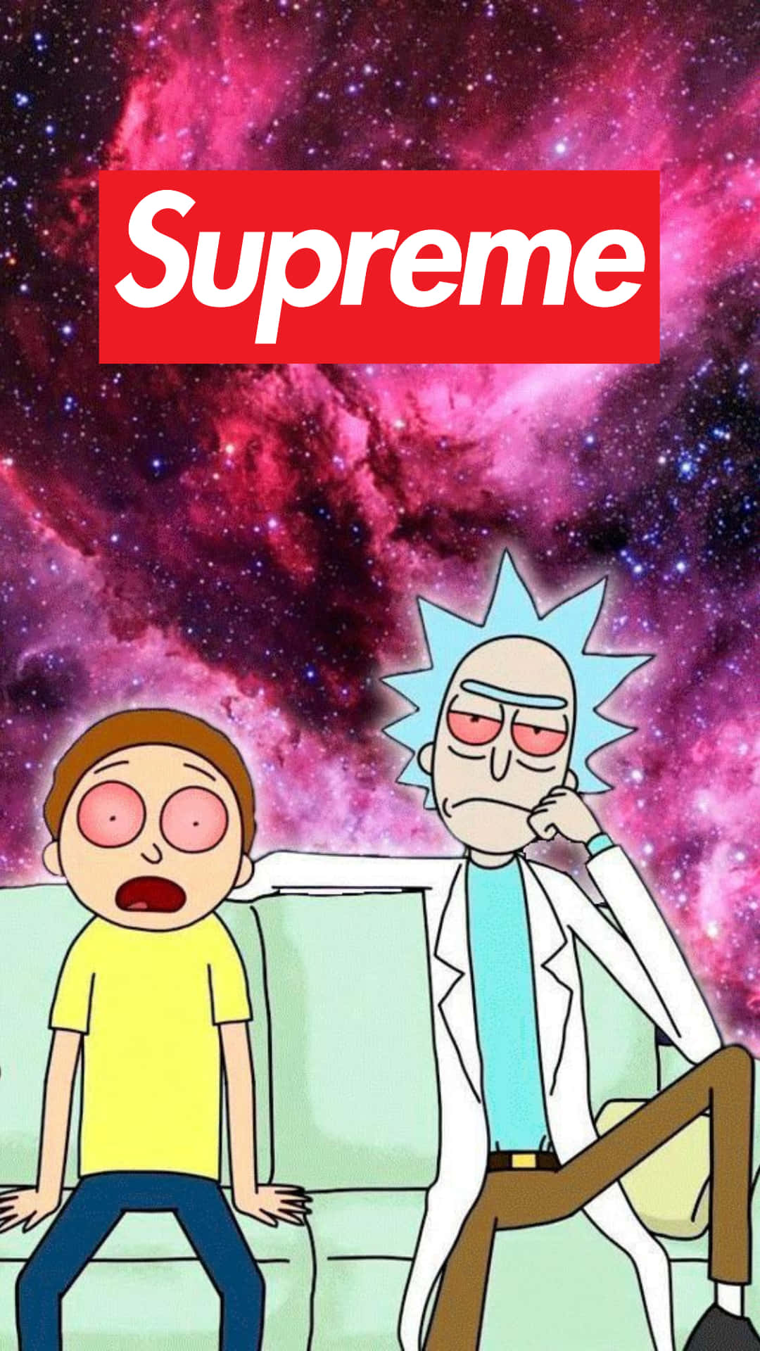 supreme 桌布 壁紙 — 瑞克和莫蒂坐在沙發上，背景是充滿活力的粉紅色宇宙星雲，上方有一個紅色的Supreme標誌。
