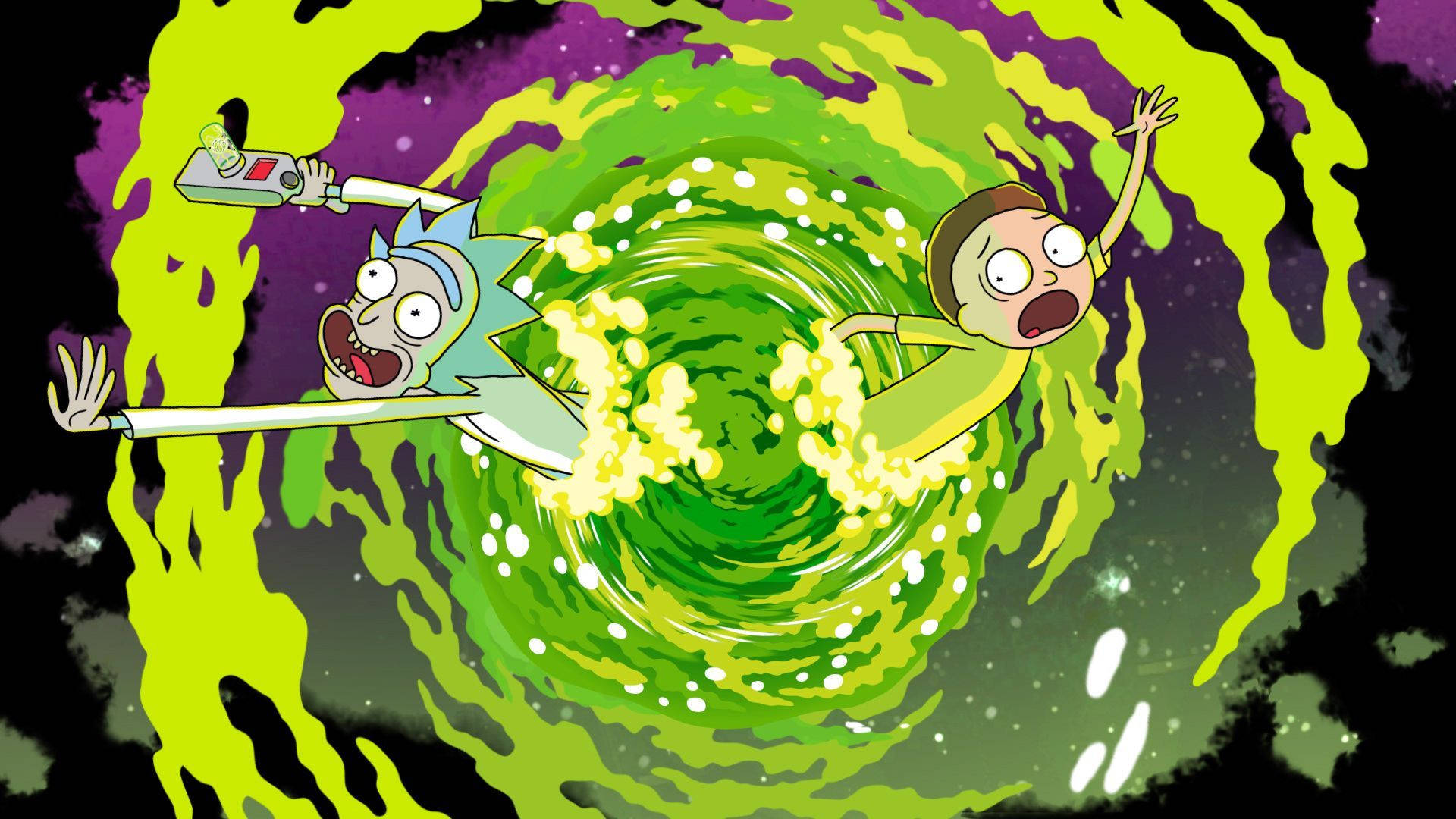 rick 桌布 壁紙 — 瑞克和莫蒂尖叫著被吸入一個旋轉的綠色傳送門，背景是星空紫色。