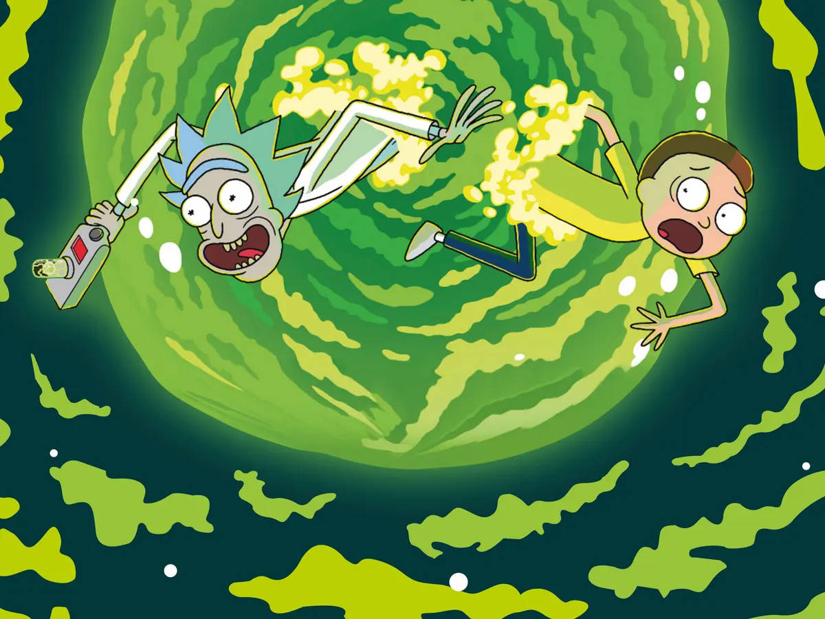 Rick And Morty Weed 桌布 壁紙 — 瑞克和莫蒂尖叫著被吸入太空中旋轉的綠色傳送門。