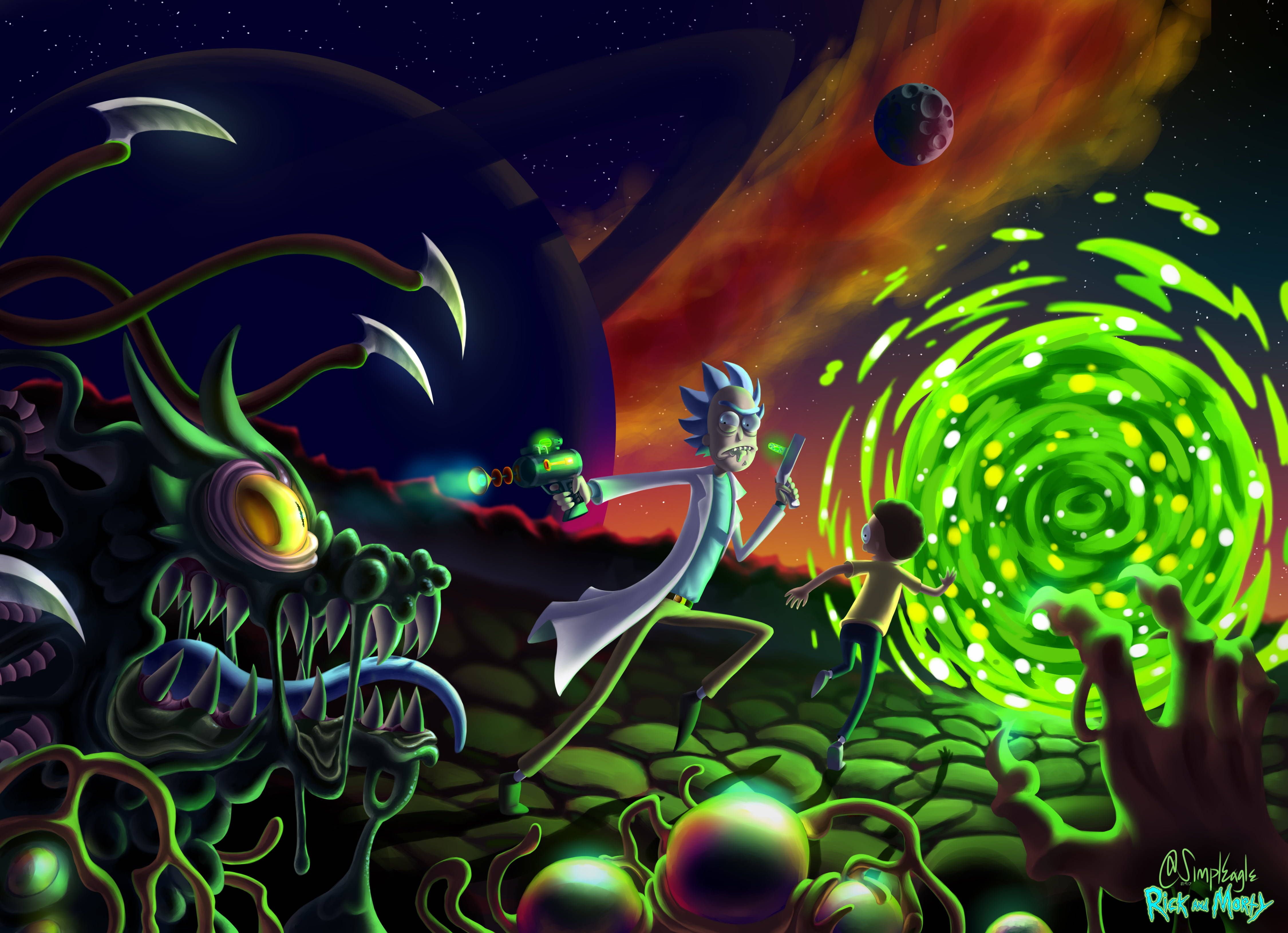 瑞克和莫蒂 桌布 壁紙 — 瑞克和莫蒂從一個怪異的外星生物逃跑，一個發光的綠色傳送門在他們身後爆發，形成一場宇宙噩夢。