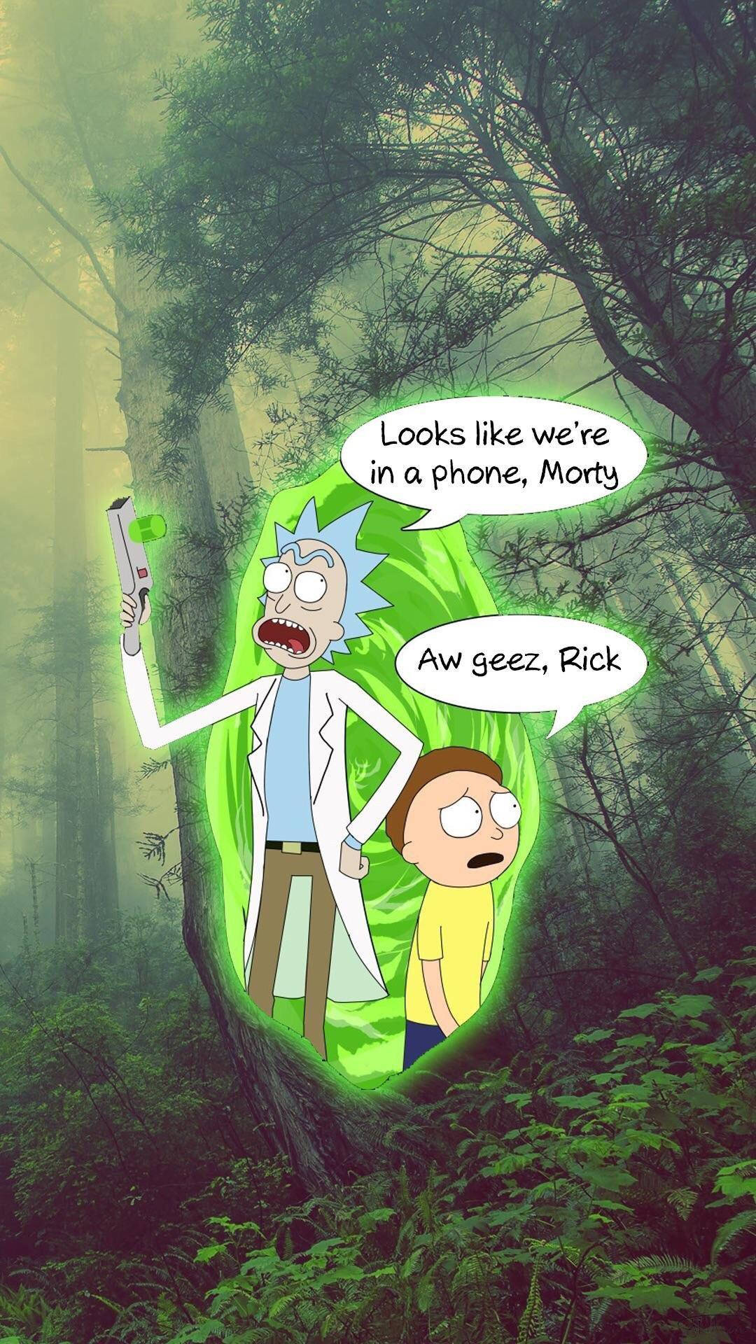 rick 桌布 壁紙 — 瑞克和莫蒂從發光的綠色傳送門中出現在霧氣瀰漫的森林中，手持裝置並表現出震驚的反應。