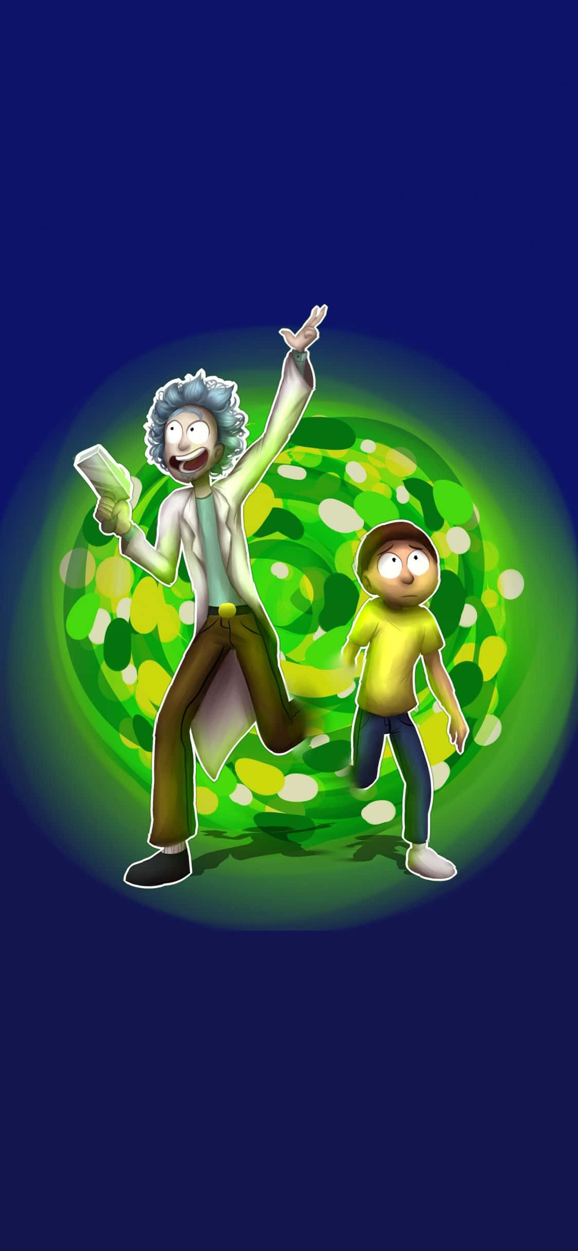 Rick And Morty Portal 桌布 壁紙 — 瑞克和莫蒂愉快地站在深藍色背景前一個發光的綠色傳送門前。