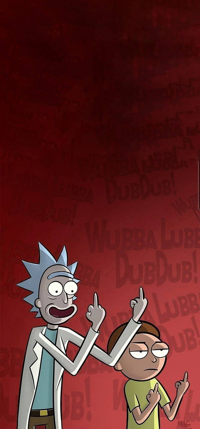 Cartoon 桌布 壁紙 — 瑞克和莫蒂指向上方，背景為紅色，充滿重複的 wubba lubba dub dub 文字。