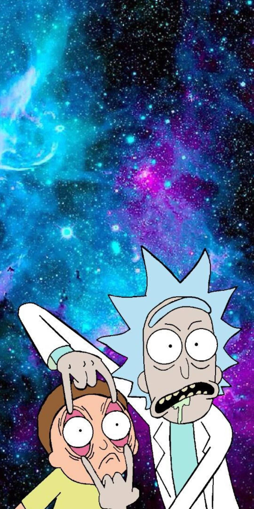 rick 桌布 壁紙 — 瑞克和莫蒂漂浮在充滿活力的宇宙星雲中，有旋轉的藍色、紫色和星星。