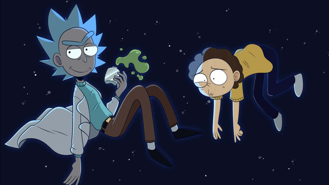 Rick And Morty Laptop 桌布 壁紙 — 瑞克和莫蒂漂浮在太空中，瑞克拿著發光的綠色物質，莫蒂看起來嚇壞了。