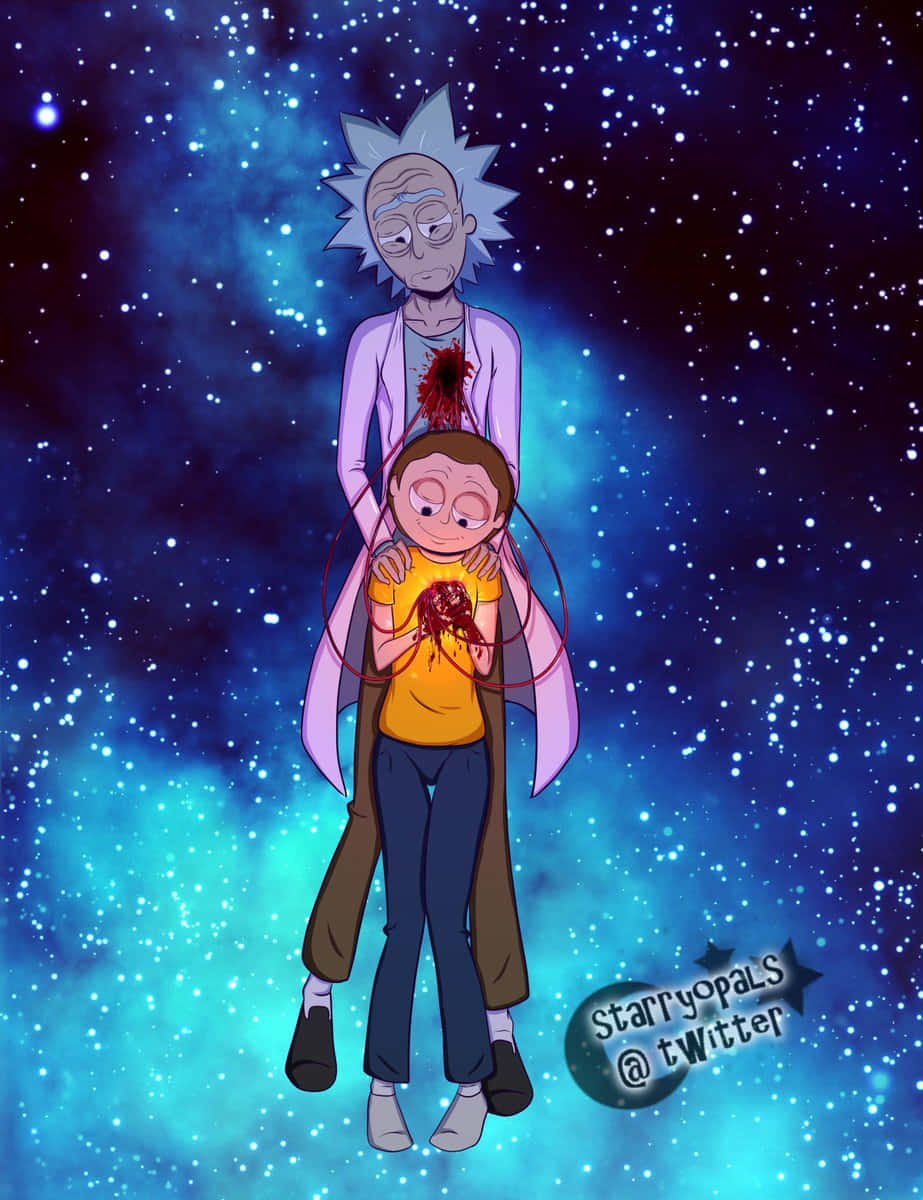 Rick And Morty Macbook 桌布 壁紙 — 瑞克和莫蒂漂浮在星光燦爛的宇宙虛空中，身後有發光的星雲。