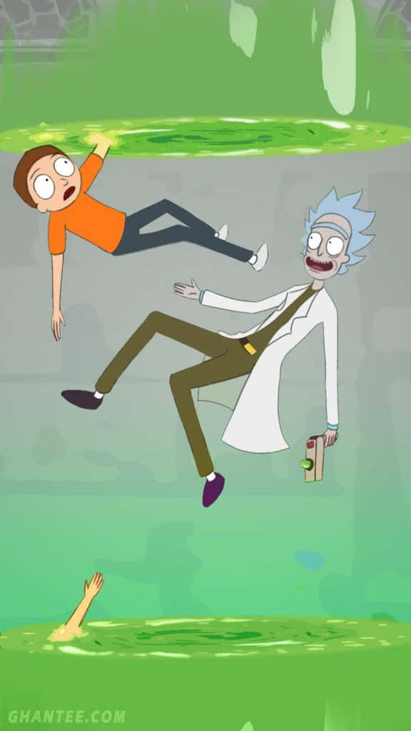 Rick And Morty Portal 桌布 壁紙 — 瑞克和莫蒂漂浮在綠色外星沼澤中，第三個人物從下方伸手上來。
