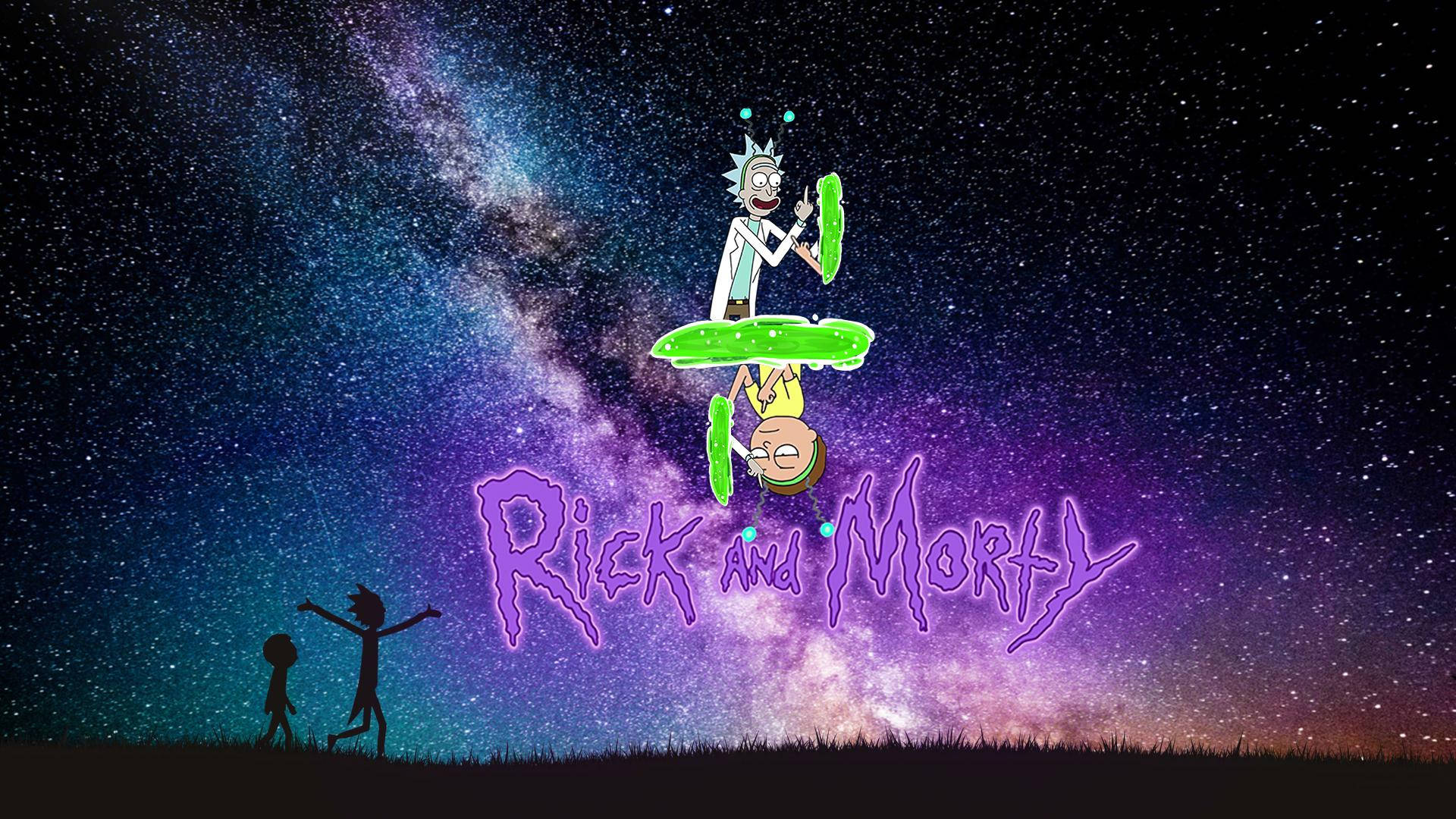 rick 桌布 壁紙 — 瑞克和莫蒂漂浮在綠色懸浮滑板上，背景是充滿活力的宇宙星系，下方有剪影人物。