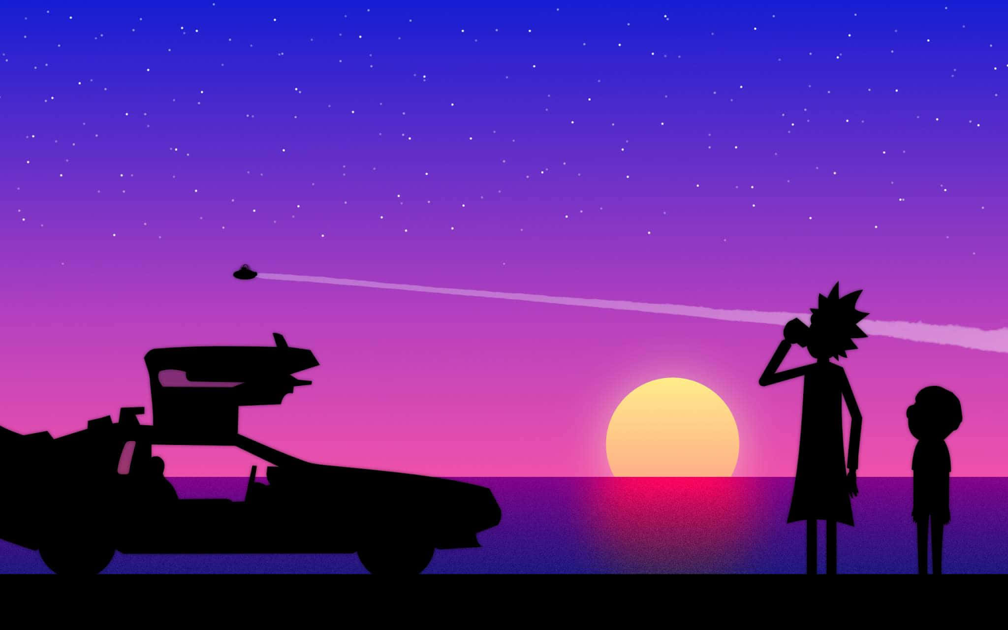 Silhouette 桌布 壁紙 — 瑞克和莫蒂的剪影站在 DeLorean 旁邊，一架 UFO 飛過充滿活力的日落天空。