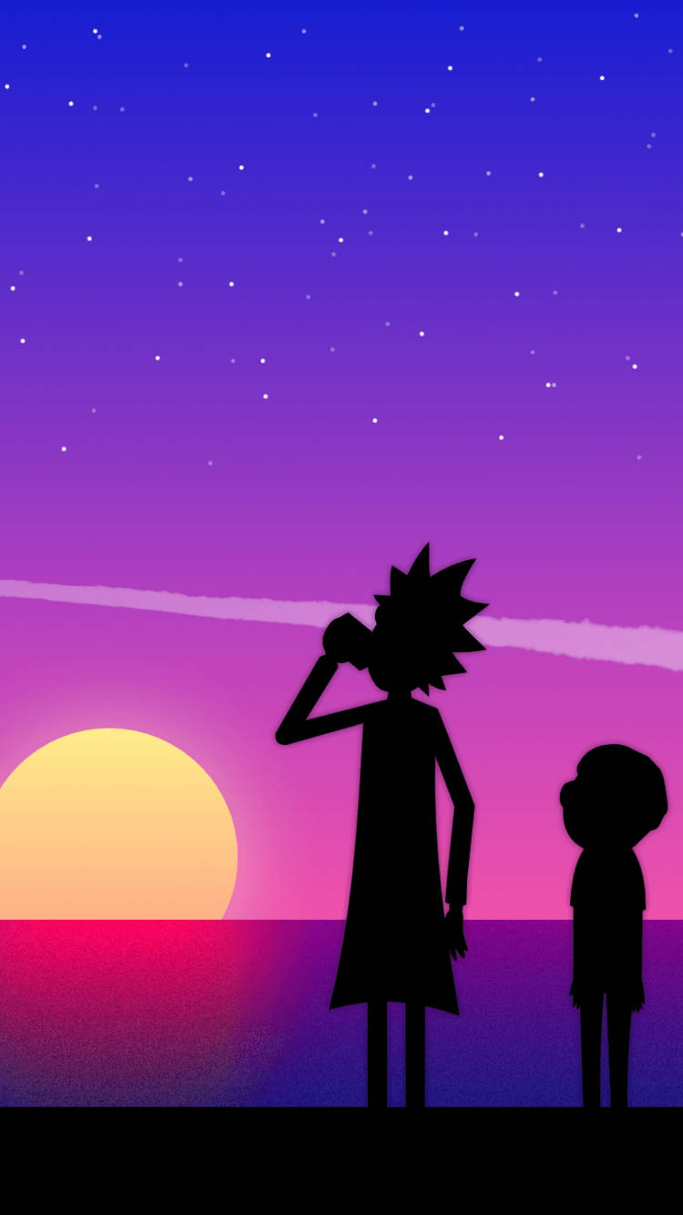 rick 桌布 壁紙 — 瑞克和莫蒂的剪影站在充滿活力的日落和星空前，呈現風格化的動畫場景。