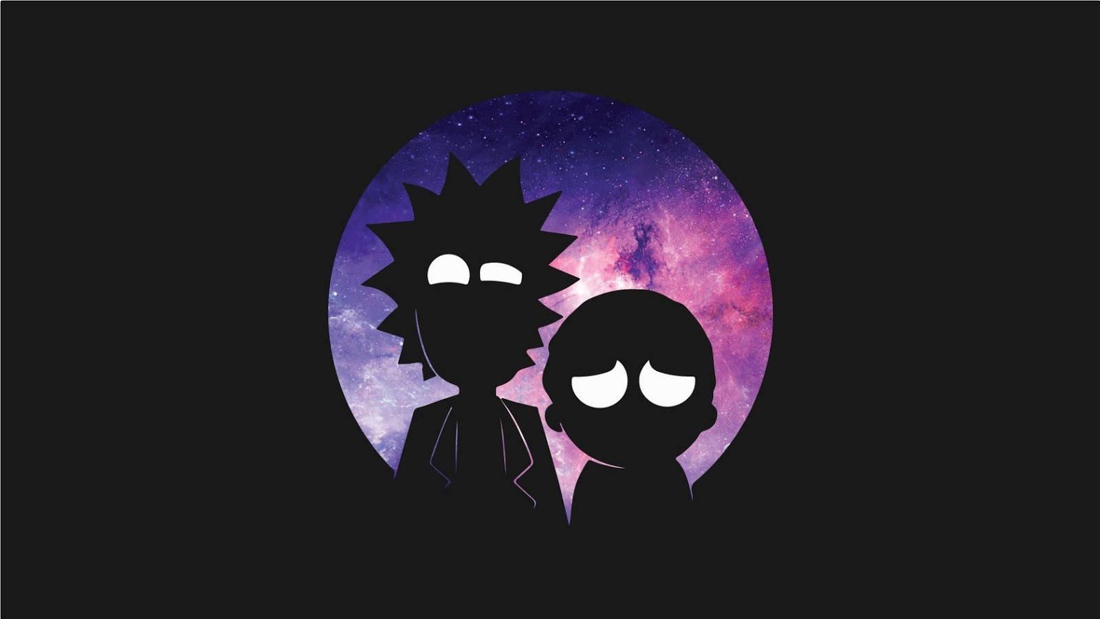 rick 桌布 壁紙 — 瑞克和莫蒂的剪影站在充滿活力的紫色和藍色宇宙星雲背景前。