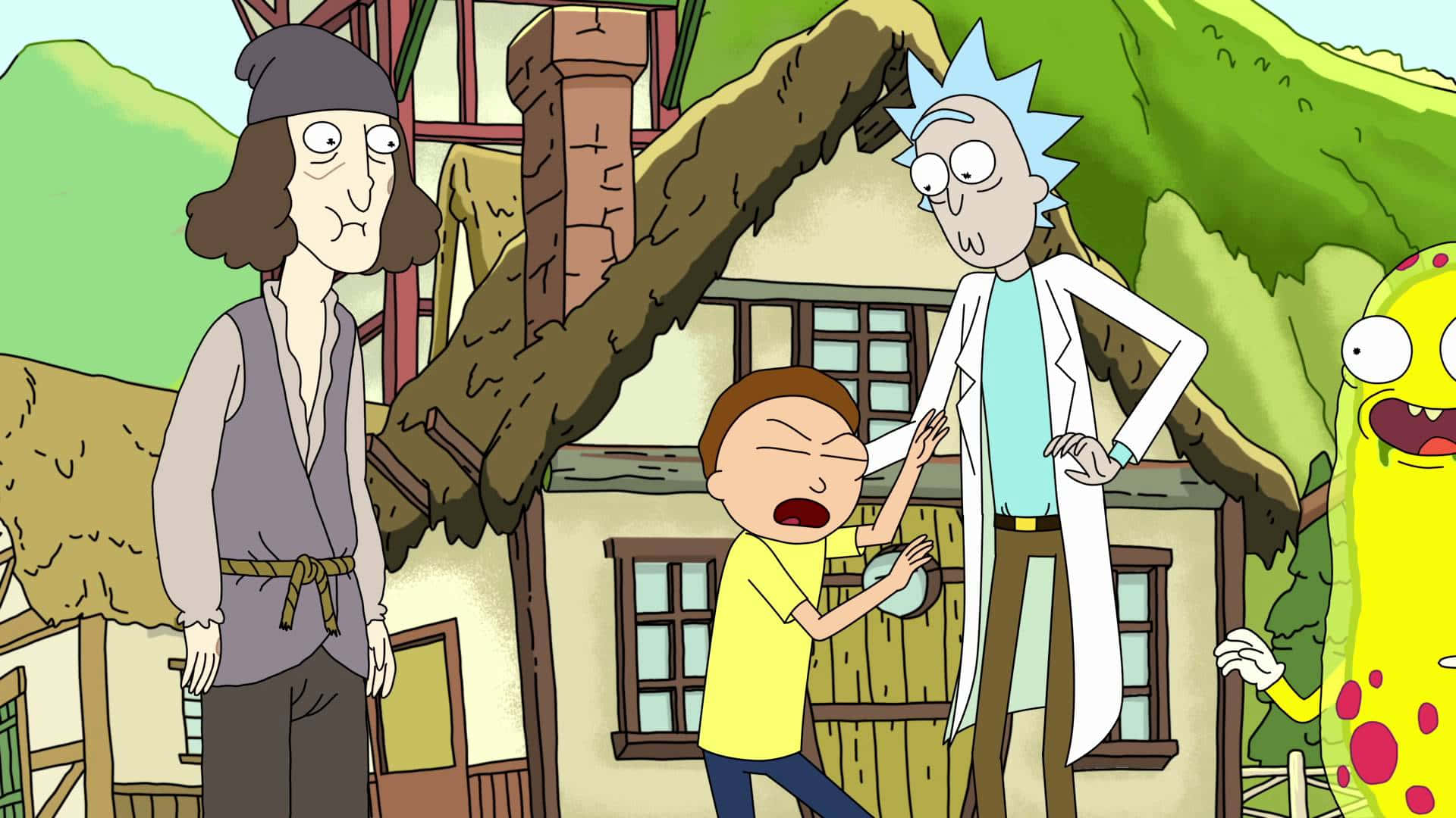 Rick And Morty Backwoods 桌布 壁紙 — 瑞克和莫蒂的角色站在一間簡陋的茅草屋外，附近有一個黃色外星人。