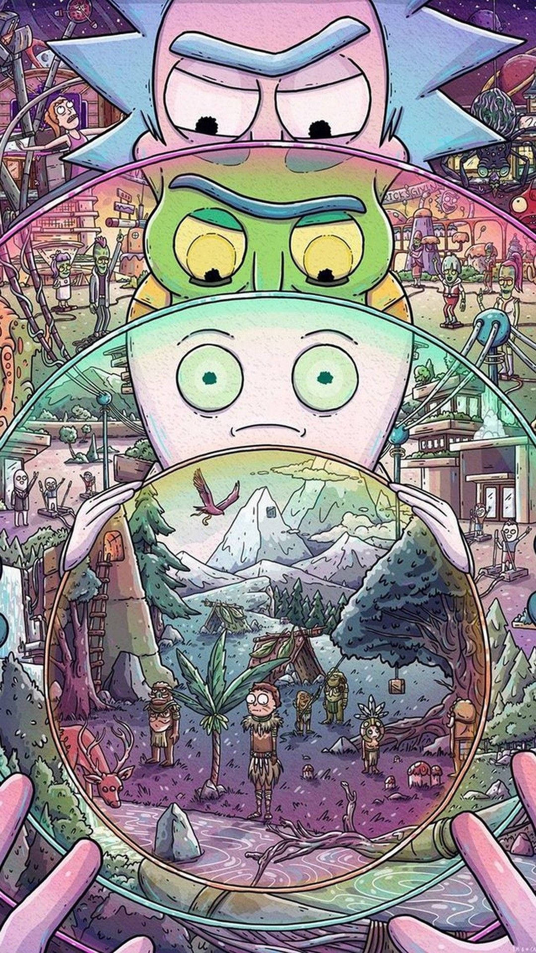 rick 桌布 壁紙 — 瑞克和莫蒂的角色透過嵌套的球體窺視，揭示了一個超現實的外星景觀，其中有原始人類和一座雪山。