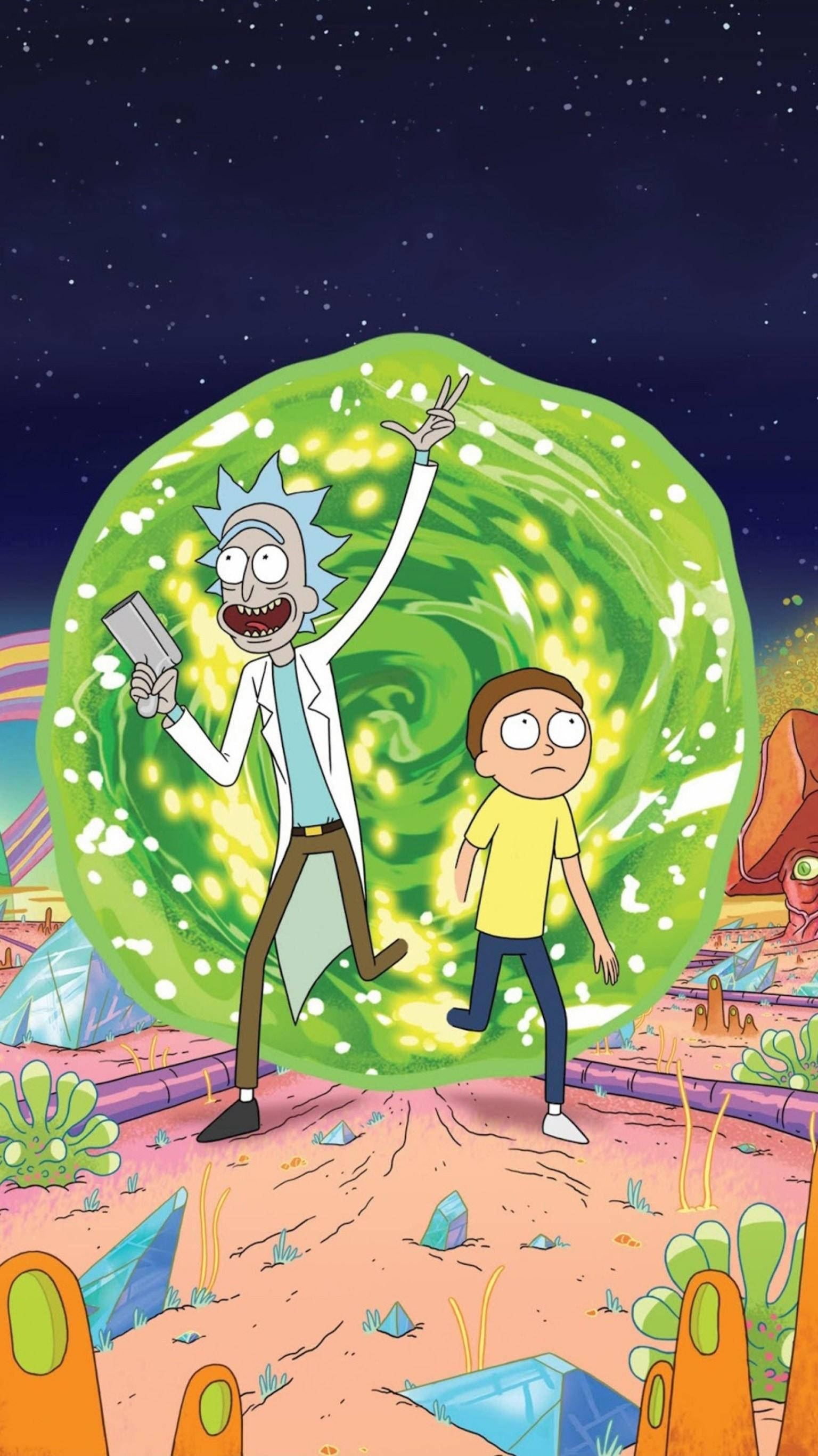 rick 桌布 壁紙 — 瑞克和莫蒂站在一個充滿活力的外星沙漠中，一個發光的綠色傳送門在他們身後旋轉，背景是星空夜空。