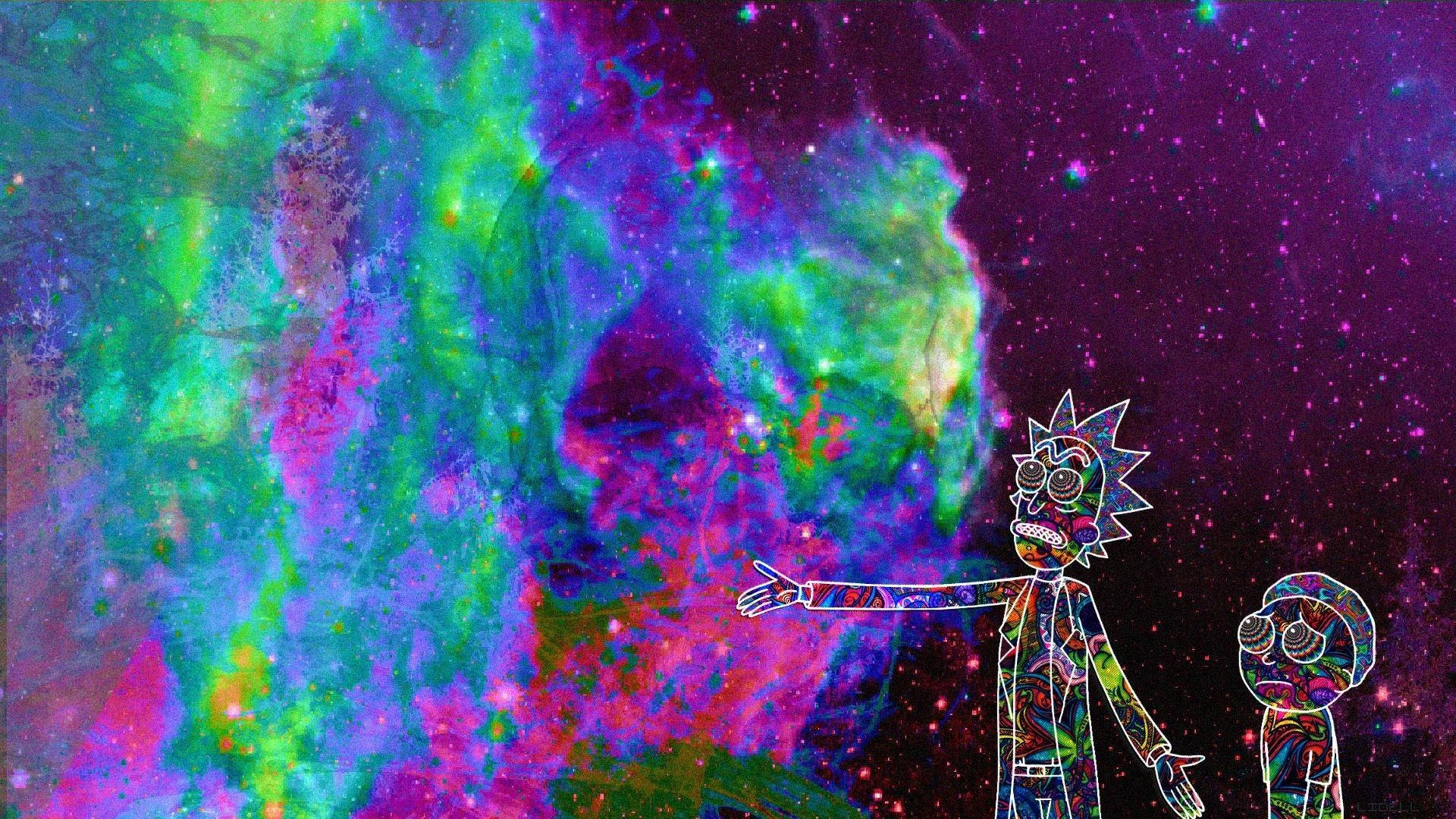 rick 桌布 壁紙 — 瑞克和莫蒂站在一個充滿活力的宇宙星雲前，散發著電光綠、紫色和粉紅色的光芒。