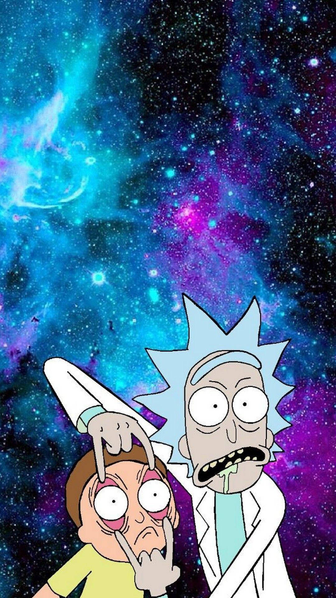 rick 桌布 壁紙 — 瑞克和莫蒂站在一個充滿活力的宇宙星雲前，有旋轉的藍色、紫色和星星。