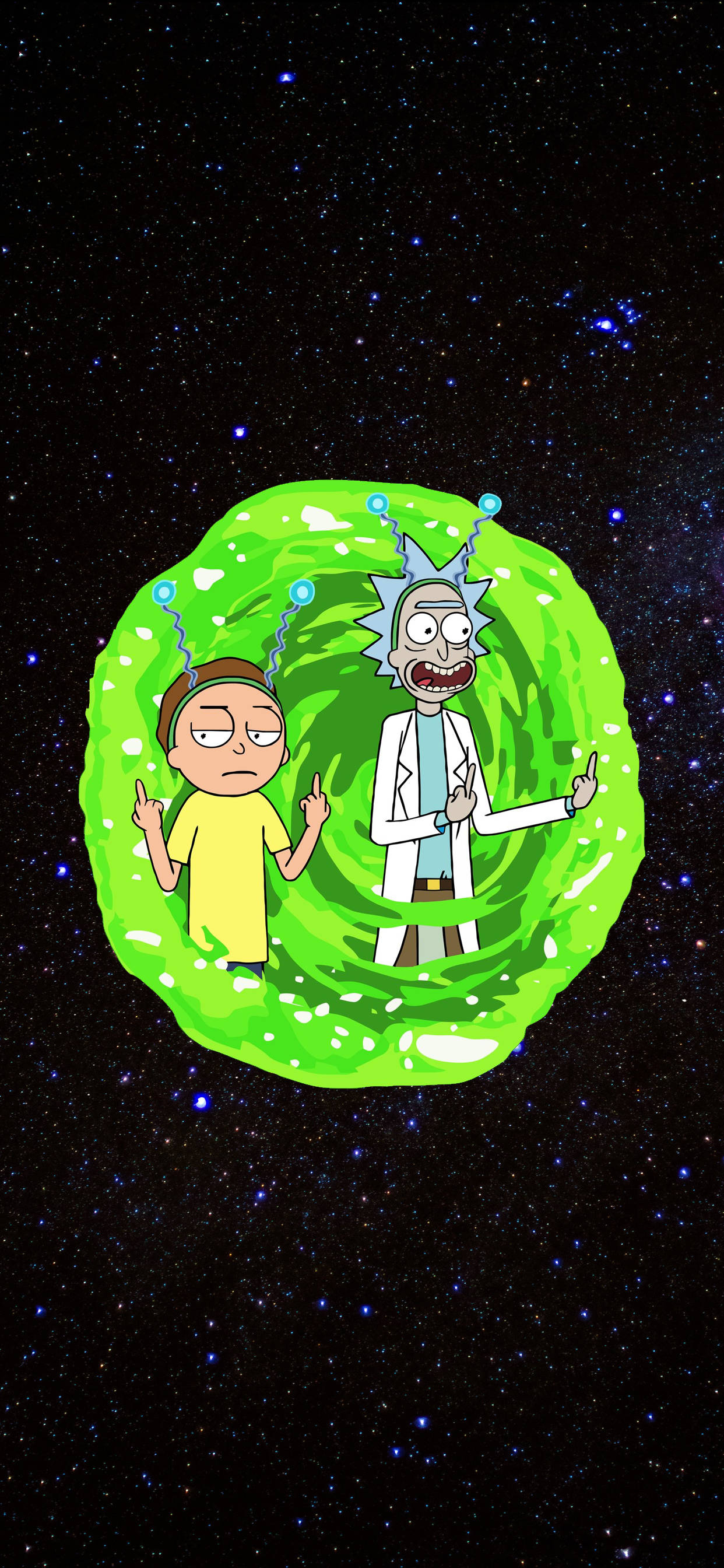 Cartoon 桌布 壁紙 — 瑞克和莫蒂站在一個旋轉的綠色傳送門內，背景是星光燦爛的宇宙。