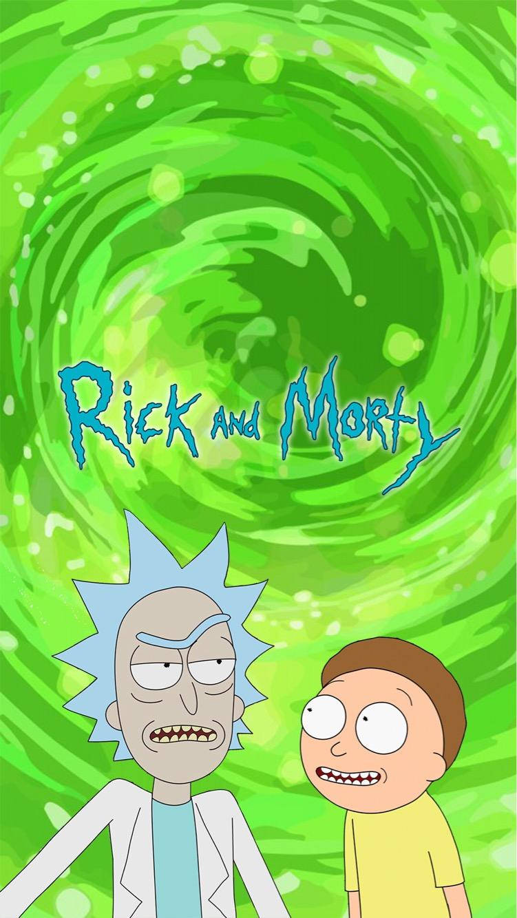 rick 桌布 壁紙 — 瑞克和莫蒂站在一個旋轉的綠色傳送門前，節目名稱在他們上方發光。