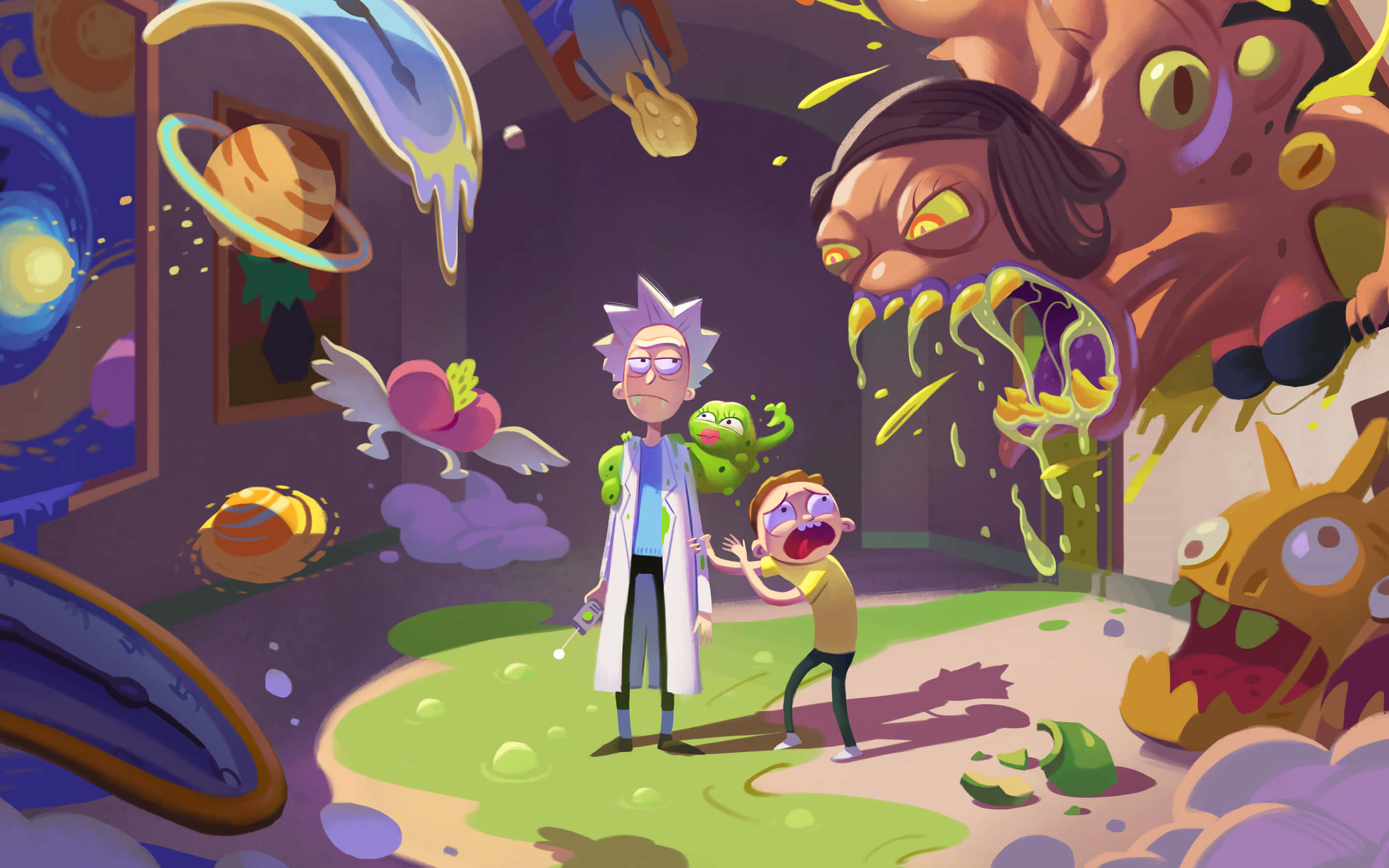 Rick And Morty Macbook 桌布 壁紙 — 瑞克和莫蒂站在一個混亂的房間裡，房間裡充滿了漂浮的行星和怪誕的外星生物，這是一個超現實的動畫場景。