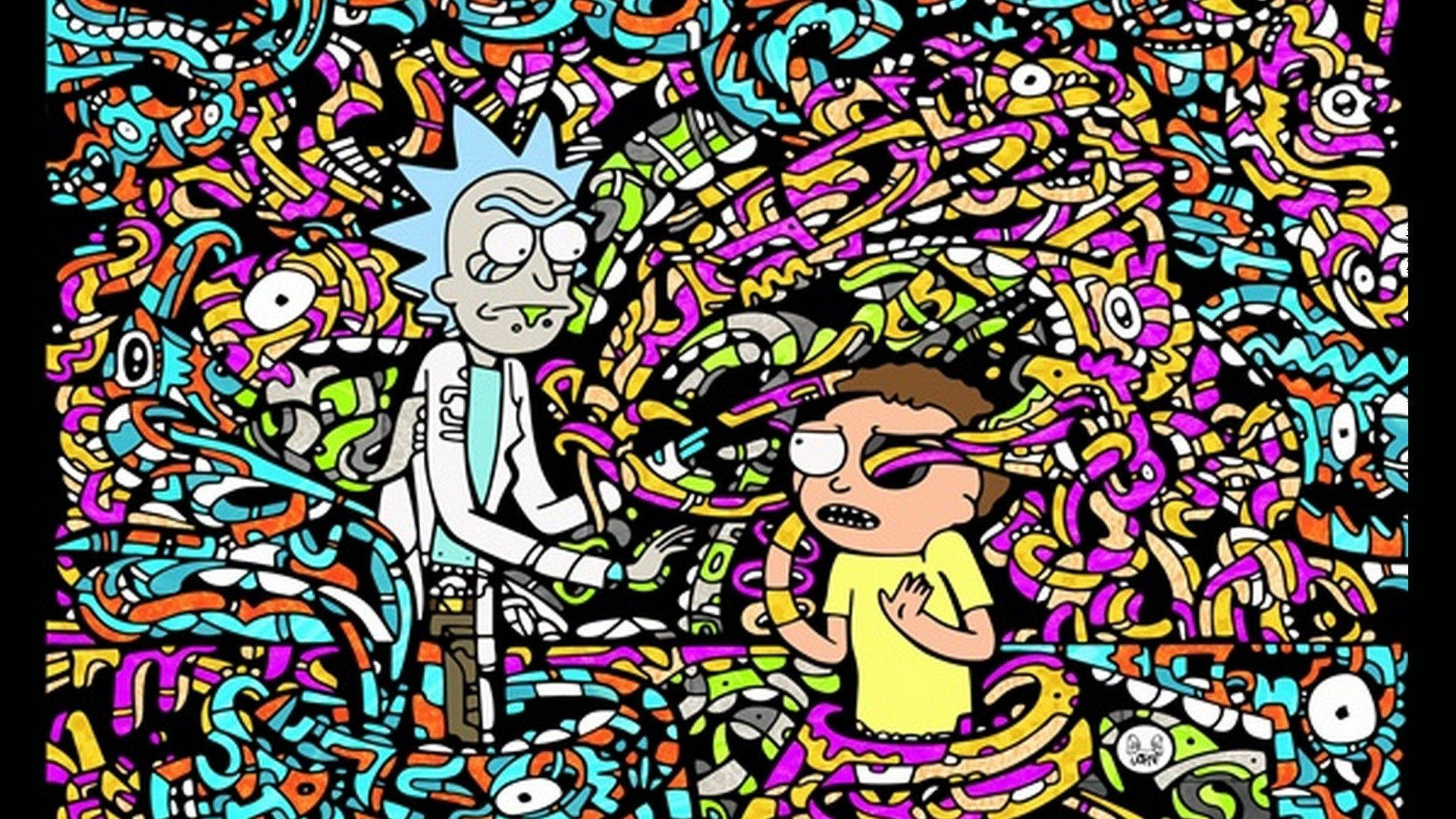 rick 桌布 壁紙 — 瑞克和莫蒂站在一個混亂的漩渦中，充滿了迷幻、卡通風格的塗鴉，色彩鮮豔的霓虹色。