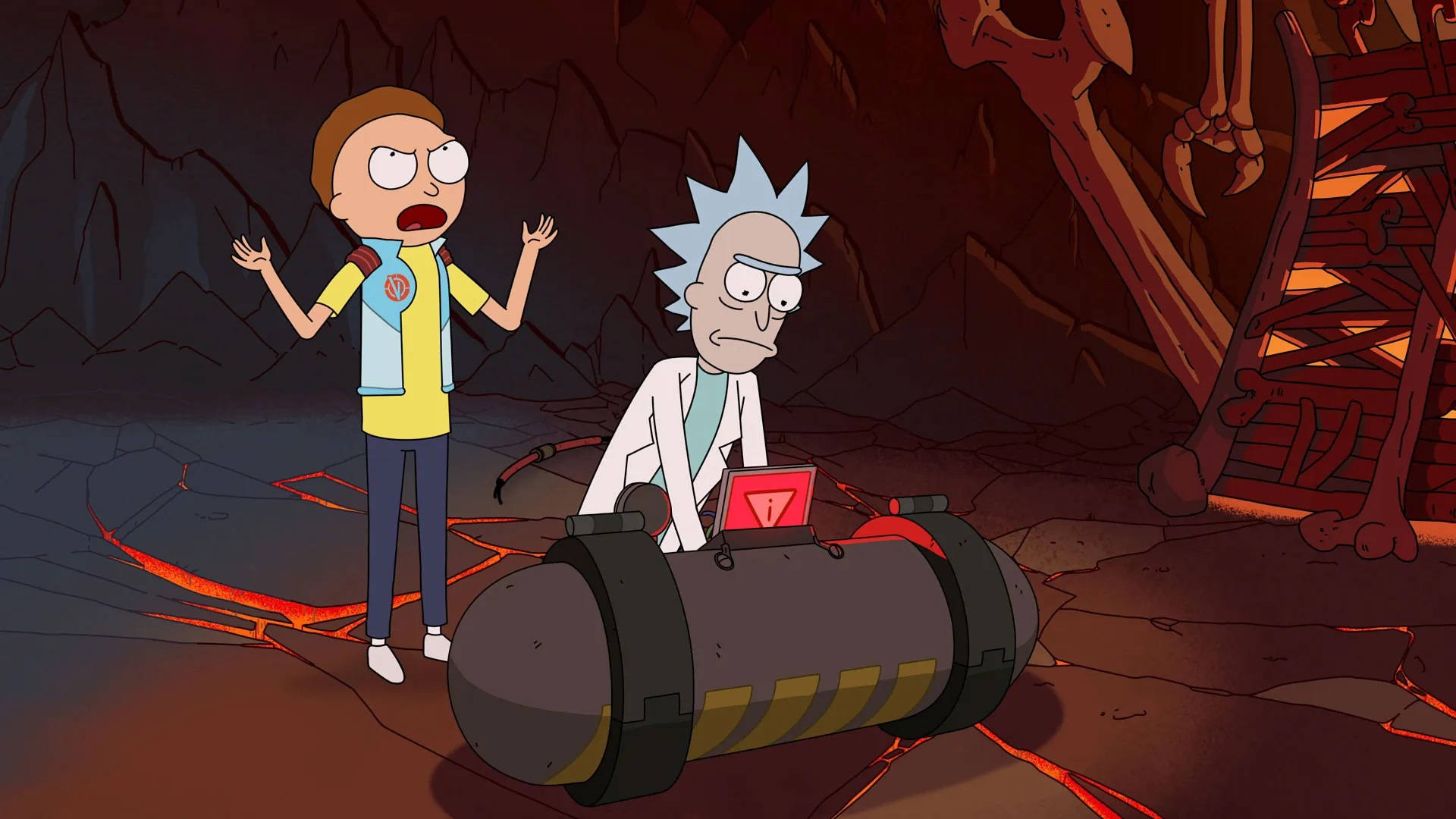 Rick And Morty Sad 桌布 壁紙 — 瑞克和莫蒂站在一個熾熱的洞穴中，旁邊有一枚炸彈，熔岩在他們周圍流動。