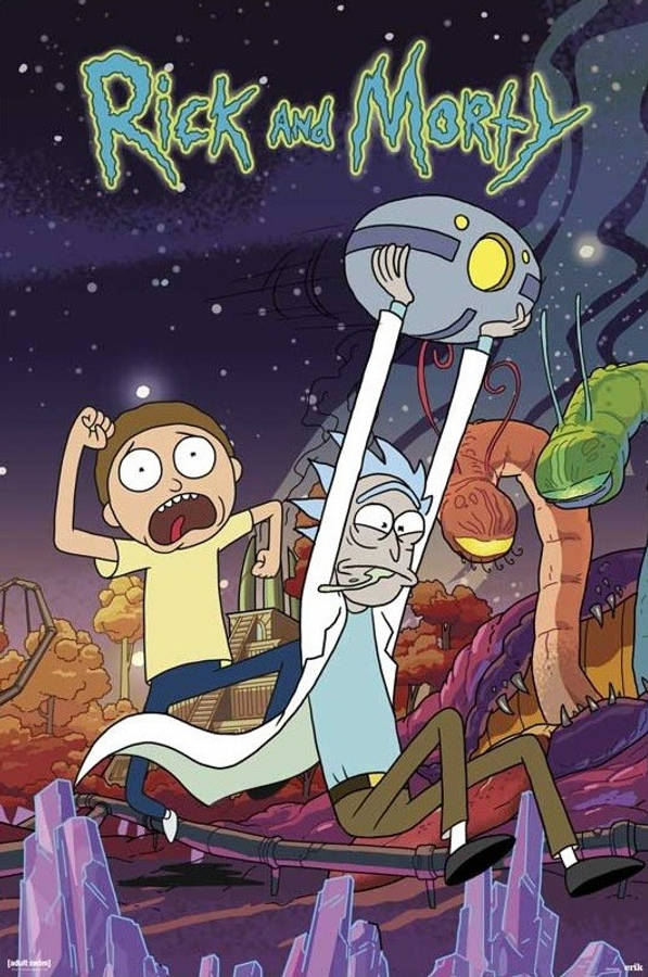 瑞克和莫蒂 桌布 壁紙 — 瑞克和莫蒂站在一個紫色水晶星球上，在星空下拿著一個表情震驚的機器人頭。