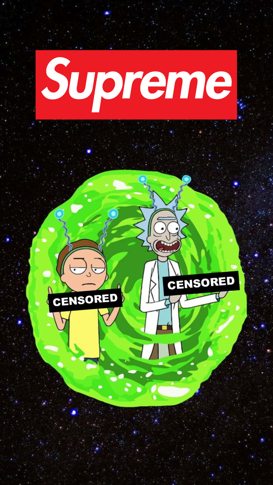 桌布 壁紙 — 瑞克和莫蒂站在一個綠色傳送門中，背景是星空宇宙，上方有一個紅色的Supreme標誌。