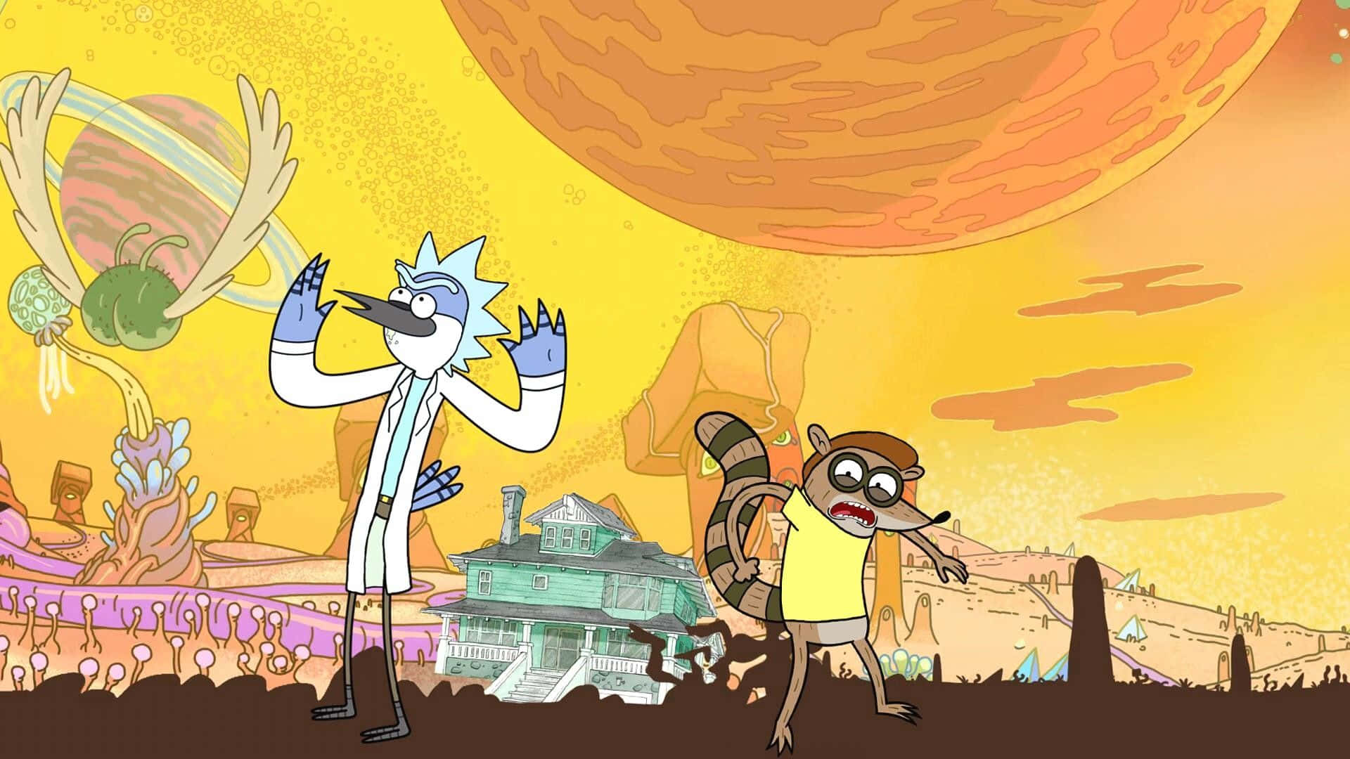 Regular Show 桌布 壁紙 — 瑞克和莫蒂站在一個超現實的外星景觀中，有巨大的行星和漂浮的房子，在金色的天空下。