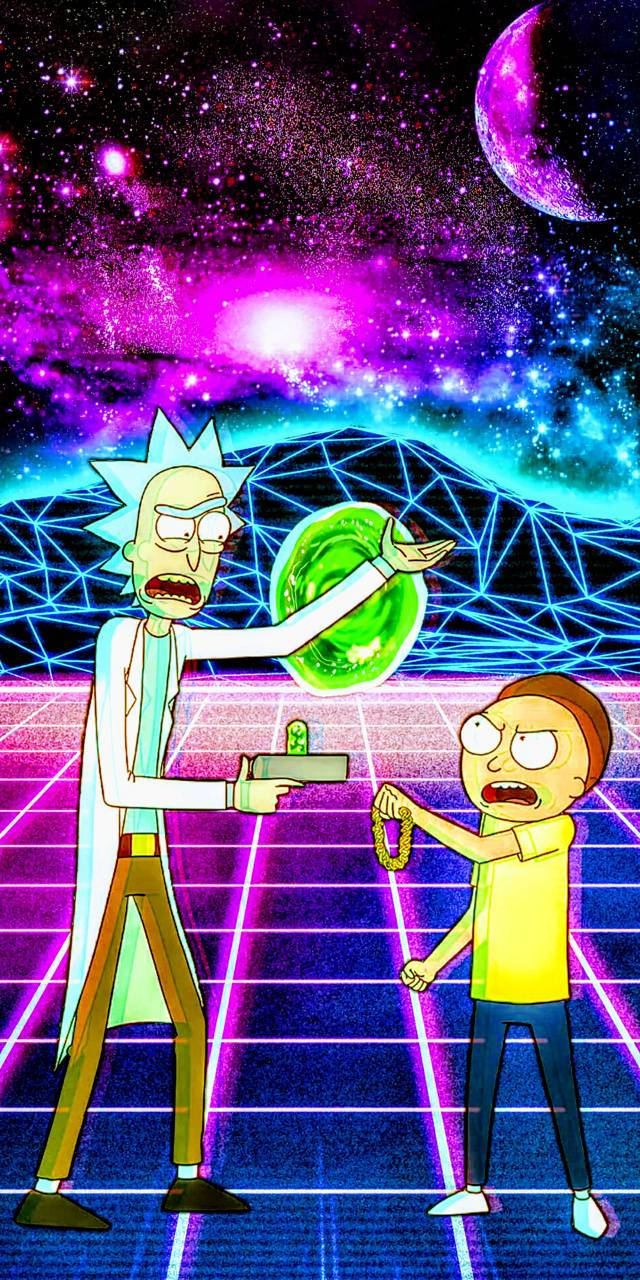rick 桌布 壁紙 — 瑞克和莫蒂站在一個霓虹網格宇宙中，手持發光物體，背景是帶有新月、宇宙紫色和藍色的星域。