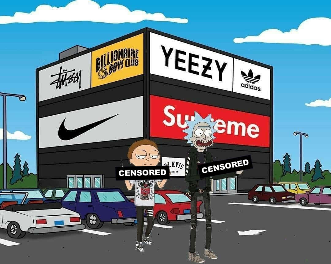 桌布 壁紙 — 瑞克和莫蒂站在一間巨大的運動鞋店前，店鋪帶有 Supreme、Nike、Yeezy、Adidas 和 Stussy 的標誌，背景是明亮的藍天。